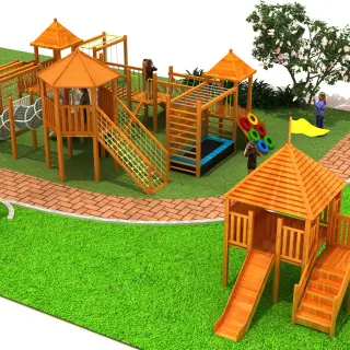 Multi-Tower Wooden Adventure Playground - Eco-Friendly Outdoor Play Equipment for Warsaw Public Parks - HonPlay