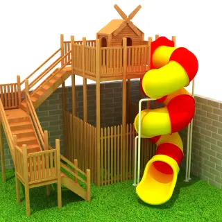Wooden Multi-Level Adventure Tower with Spiral Slide - Premium Outdoor Playground Equipment for Warsaw Residential Communities - HonPlay