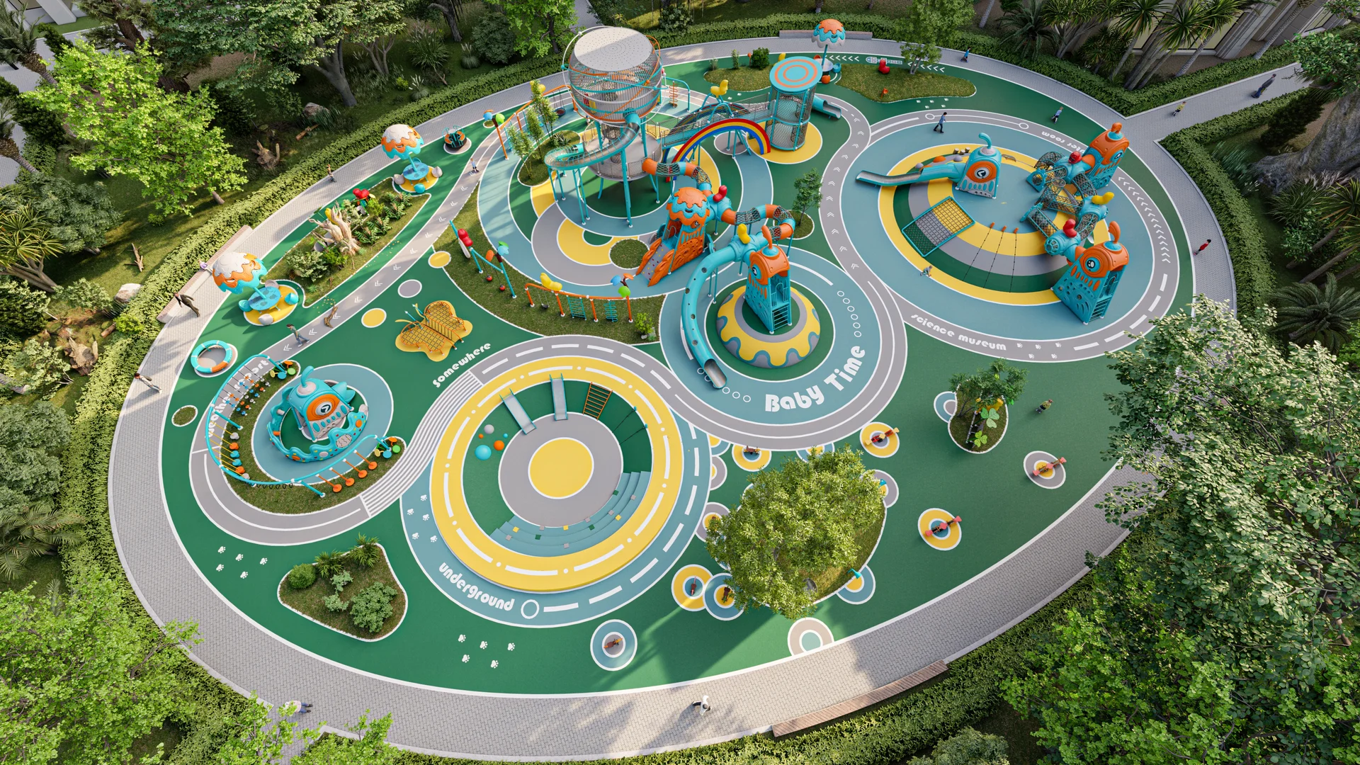 Custom designed playground with colorful slides, climbing nets and play structures for children