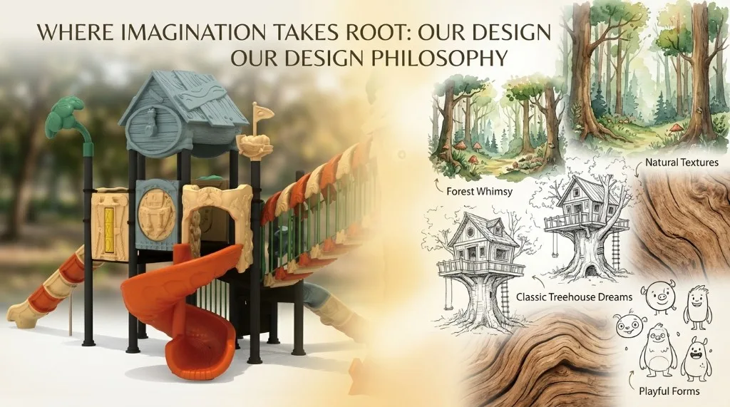 Design philosophy — forest whimsy, natural textures, treehouse dreams, playful forms
