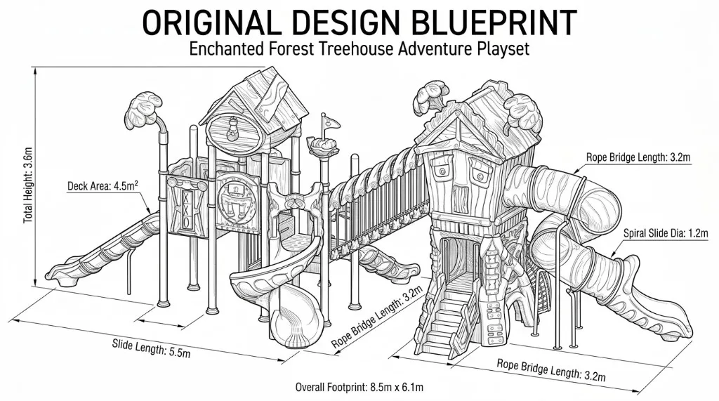 Original design blueprint with annotated dimensions