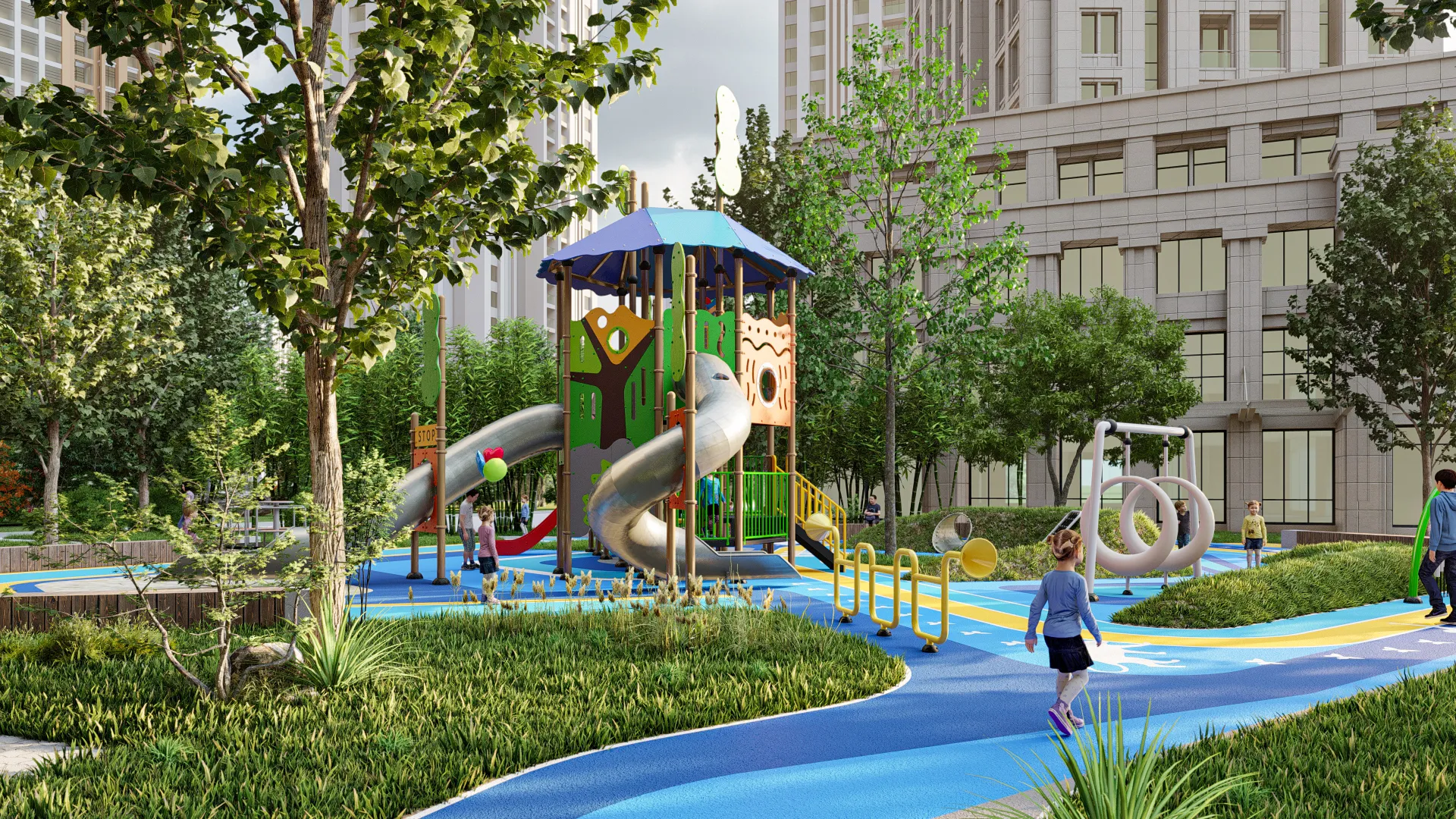 Multi-Functional Outdoor Playground Structure Galvanized Steel & HDPE spiral tube slide and circular ring swings for Singapore