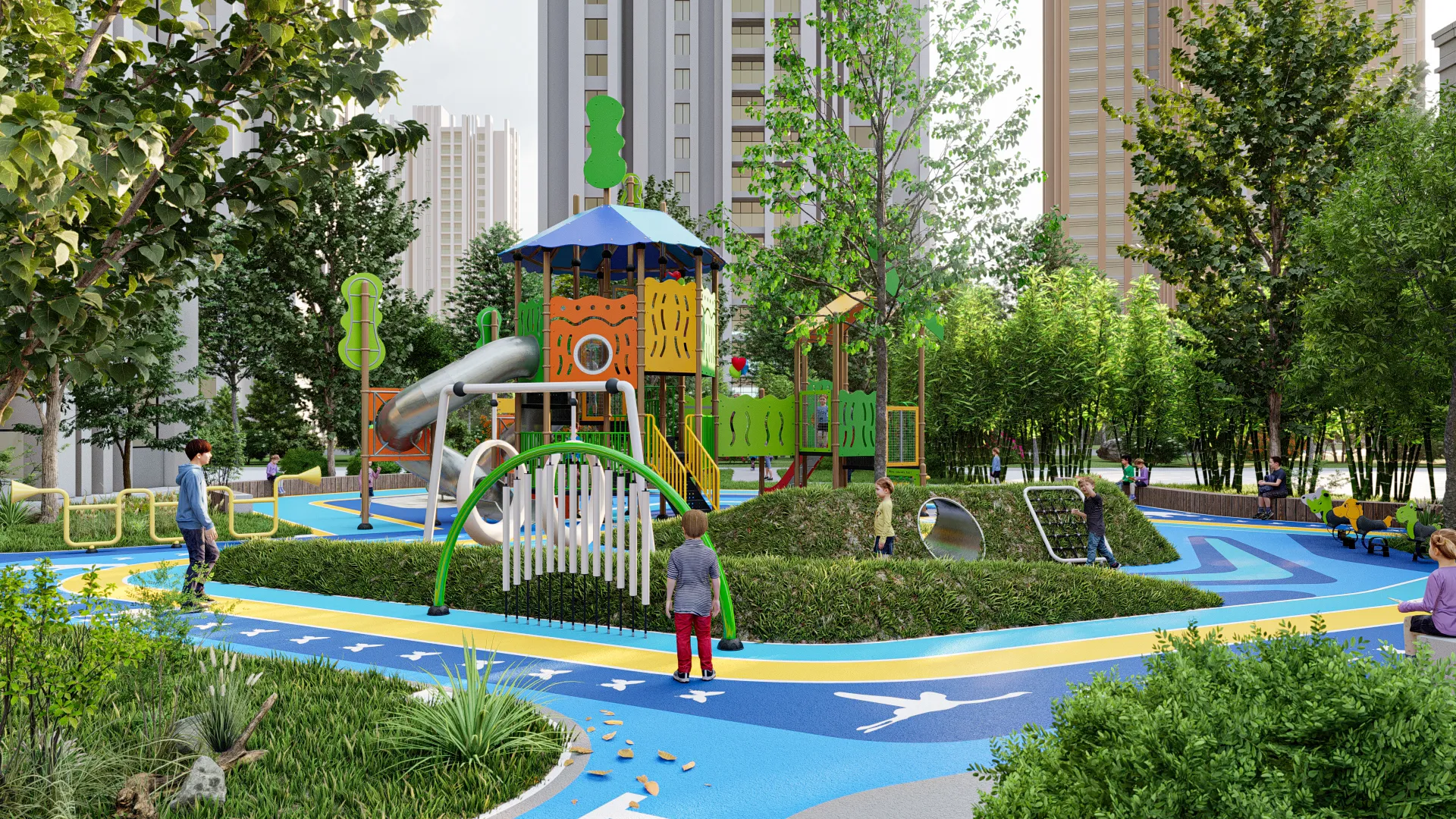 Multi-Functional Outdoor Playground Structure Galvanized Steel & HDPE interactive chime panel and colorful safety flooring for Singapore