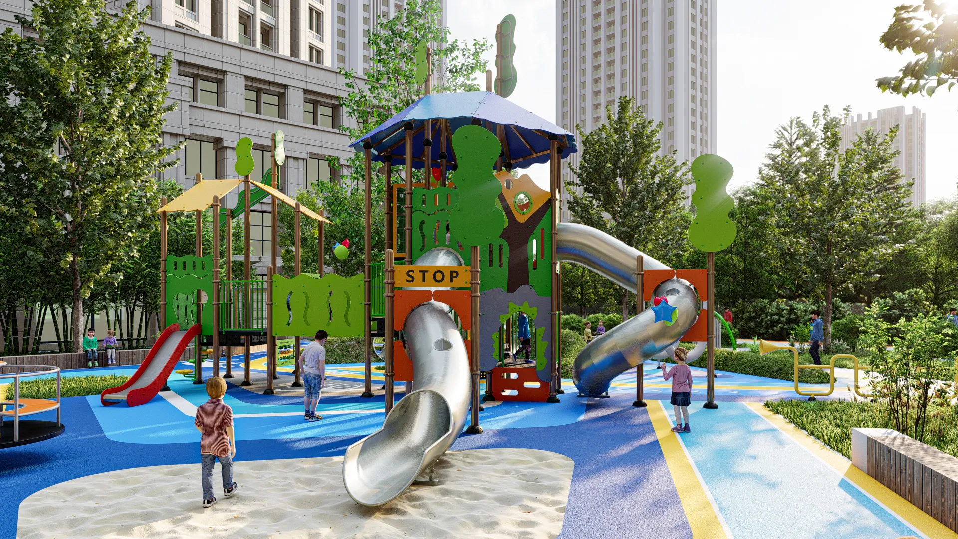 Multi-Functional Outdoor Playground Structure Galvanized Steel & HDPE main tower with straight slide and sandpit for Singapore