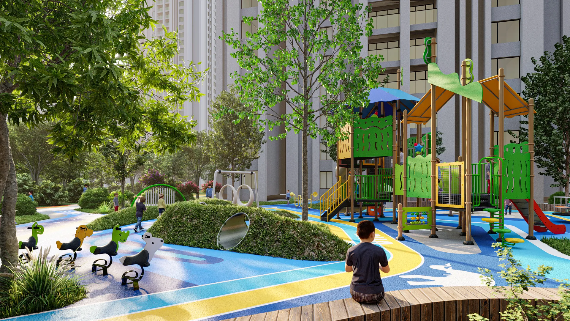 Multi-Functional Outdoor Playground Structure Galvanized Steel & HDPE multi-level tower with climbing steps and spring riders for Singapore