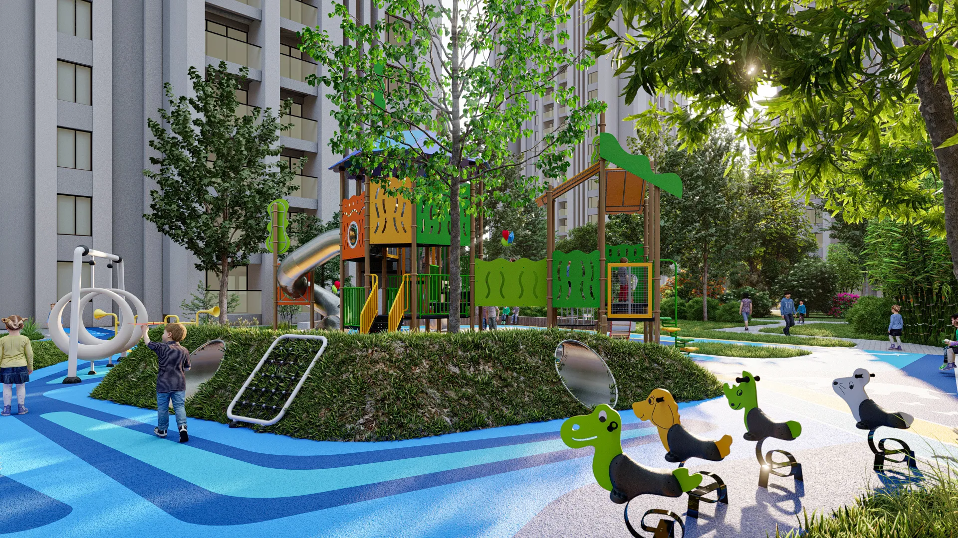 Multi-Functional Outdoor Playground Structure - Comprehensive Community Play Equipment for Singapore Residential Projects