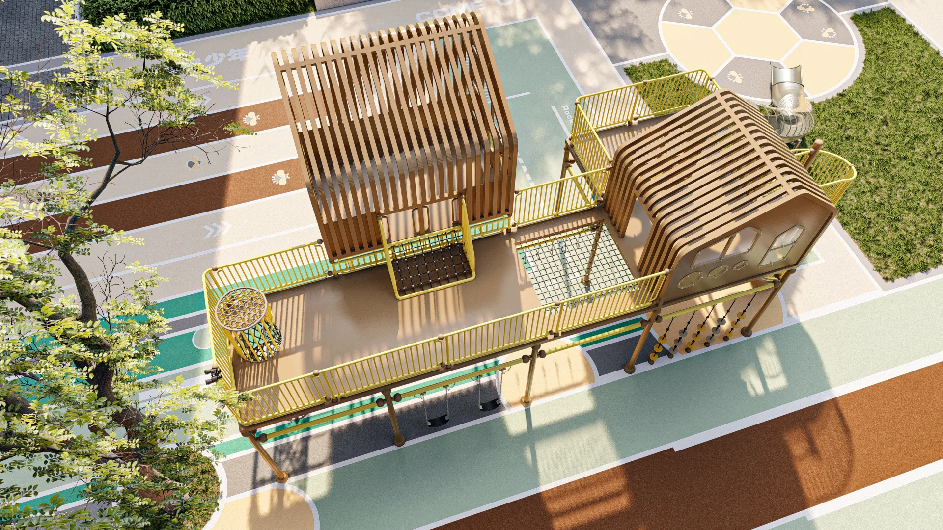 elevated treehouse adventure playground multi functional, Corrosion-resistant, Durable Steel, Low Maintenance by HonPlay - safety certification and compliance