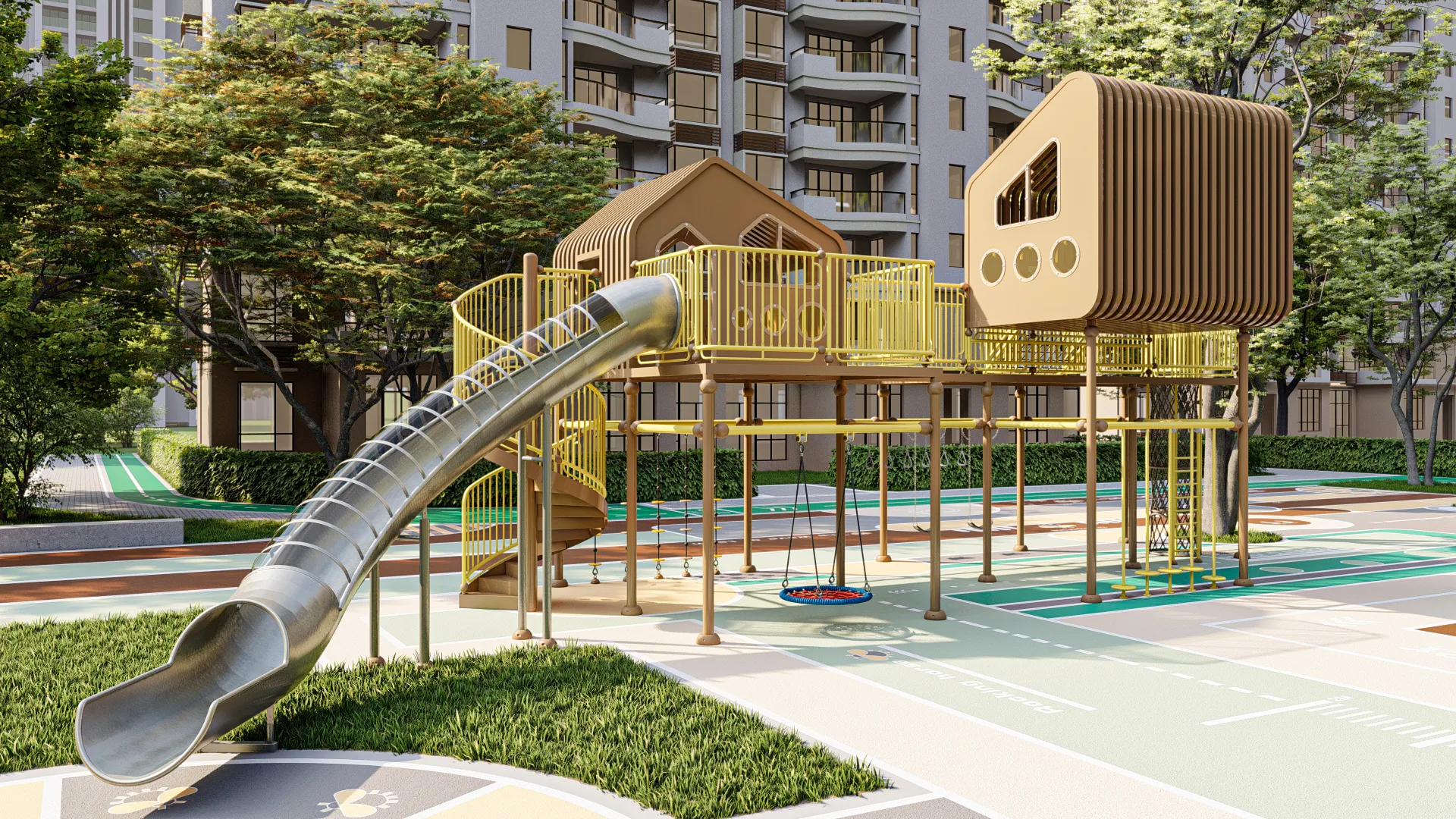 elevated treehouse adventure playground multi functional, Corrosion-resistant, Durable Steel, Low Maintenance by HonPlay - material and finish details