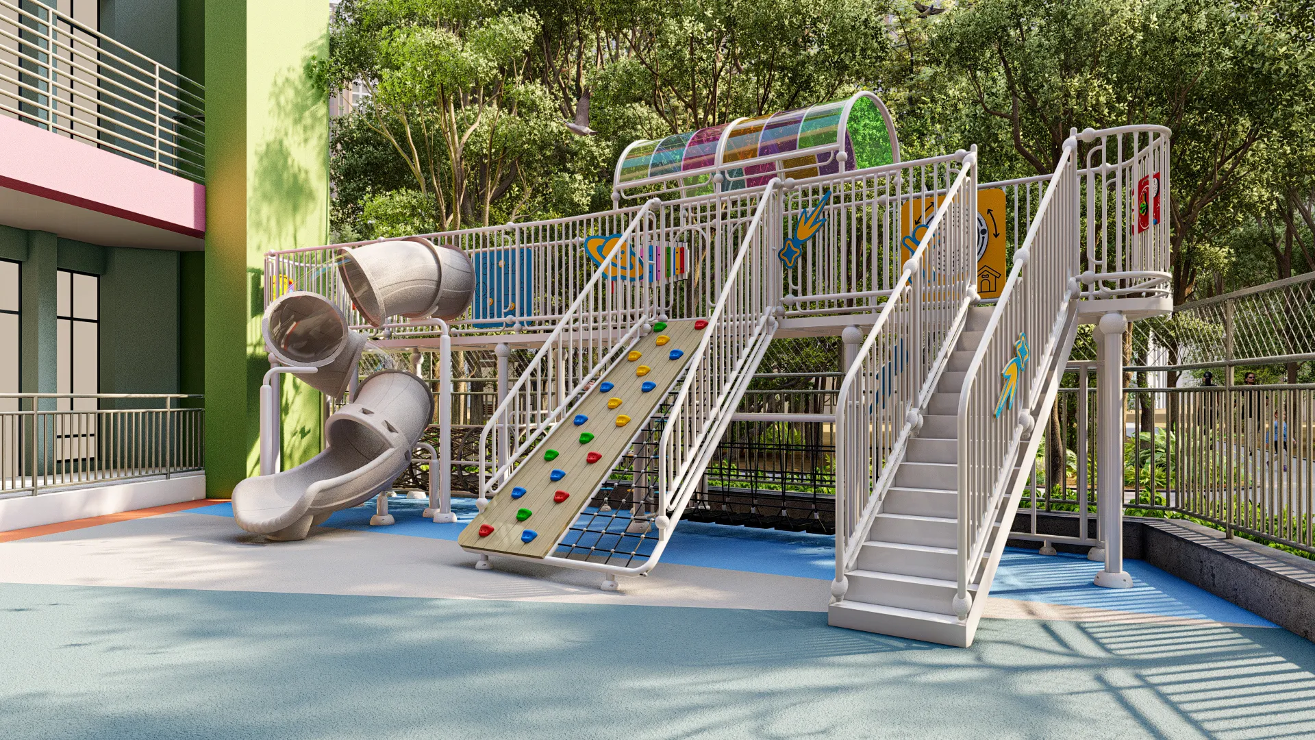 multi level urban playground structure outdoor, Corrosion-resistant, Durable Steel, Low Maintenance by HonPlay - safety certification and compliance