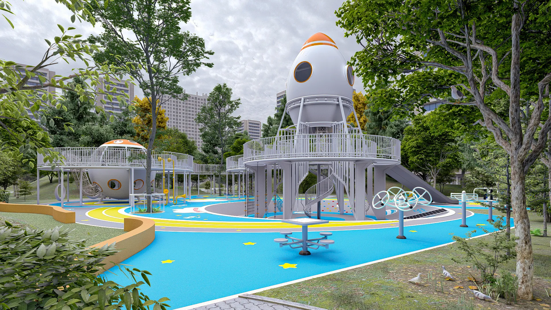 Rocket Theme Outdoor Playground Galvanized Steel & HDPE multi-level rocket structure and slides for Singapore