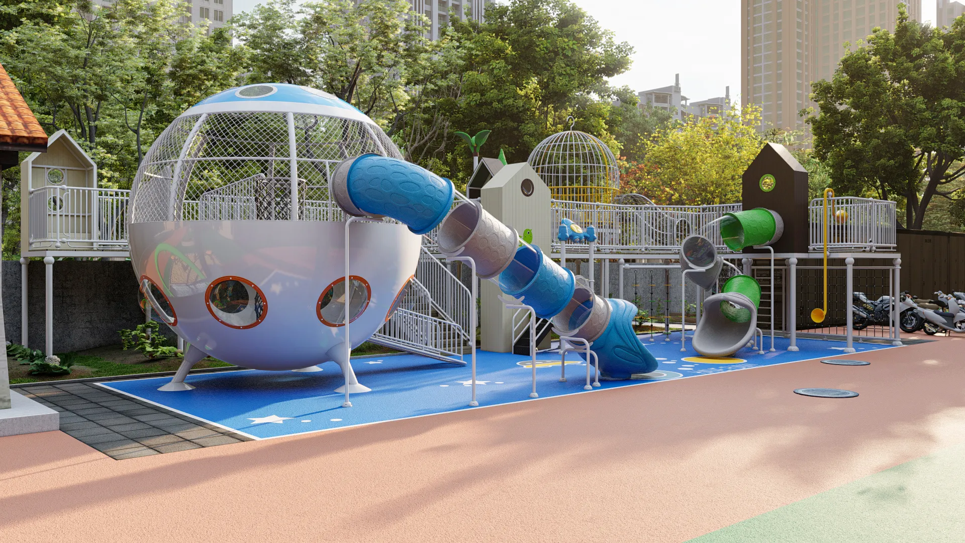 multi level adventure playground integrated outdoor, Corrosion-resistant, Durable Steel, Low Maintenance by HonPlay - safety certification and compliance