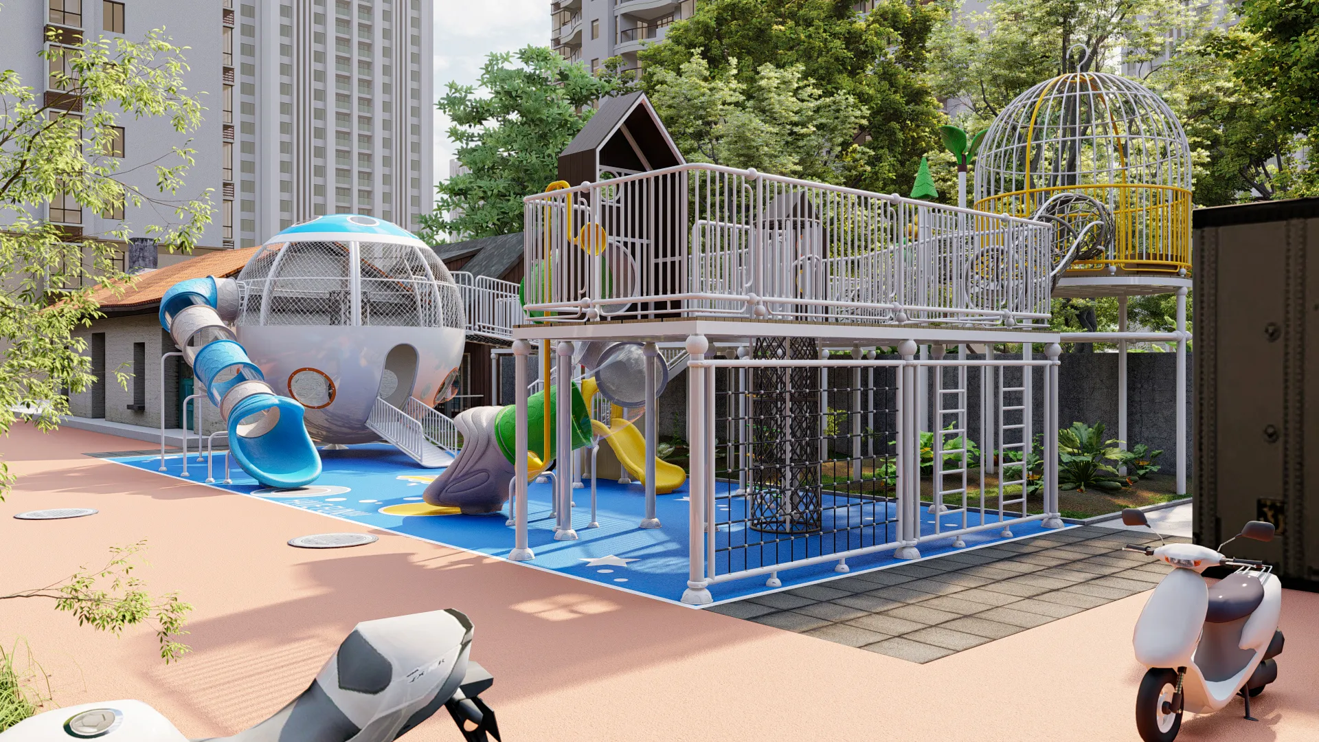 multi level adventure playground integrated outdoor, Corrosion-resistant, Durable Steel, Low Maintenance by HonPlay - installation and use case
