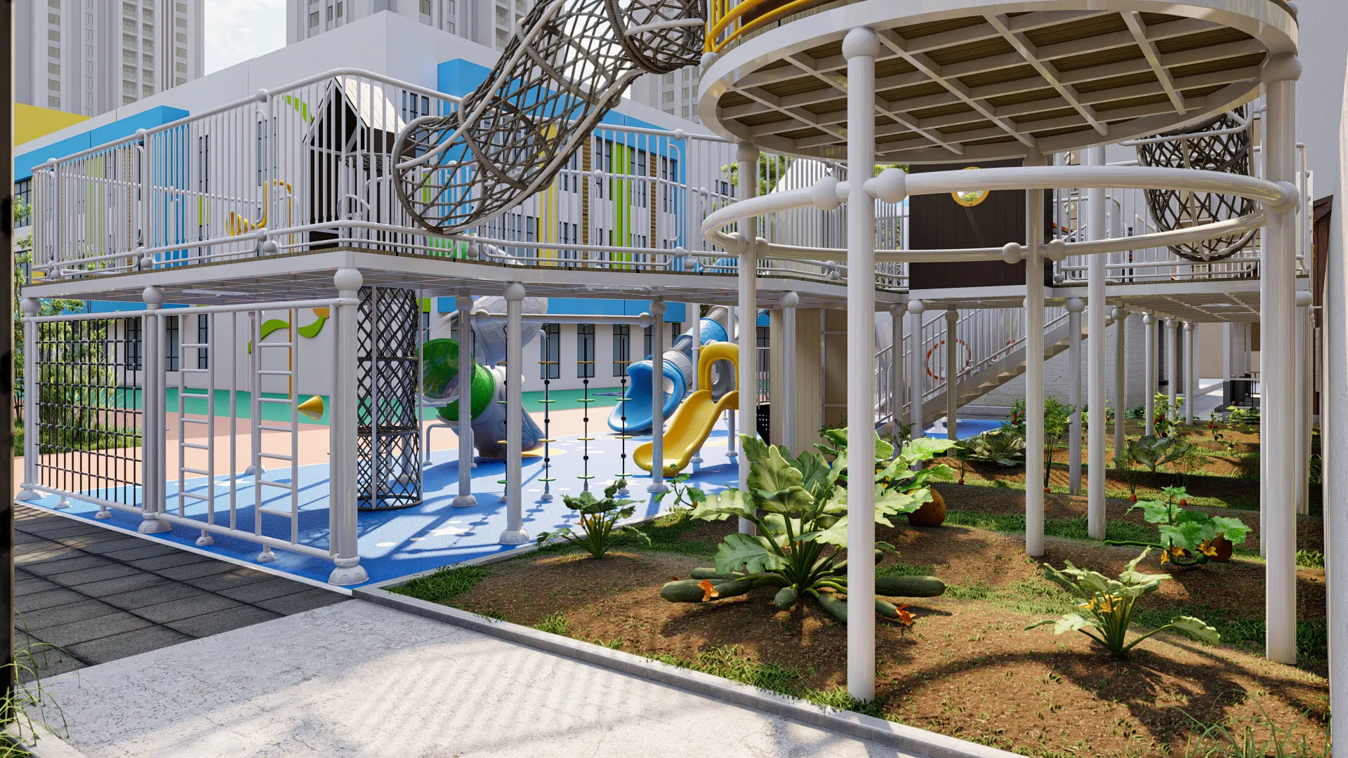 multi level adventure playground integrated outdoor, Corrosion-resistant, Durable Steel, Low Maintenance by HonPlay - full product view