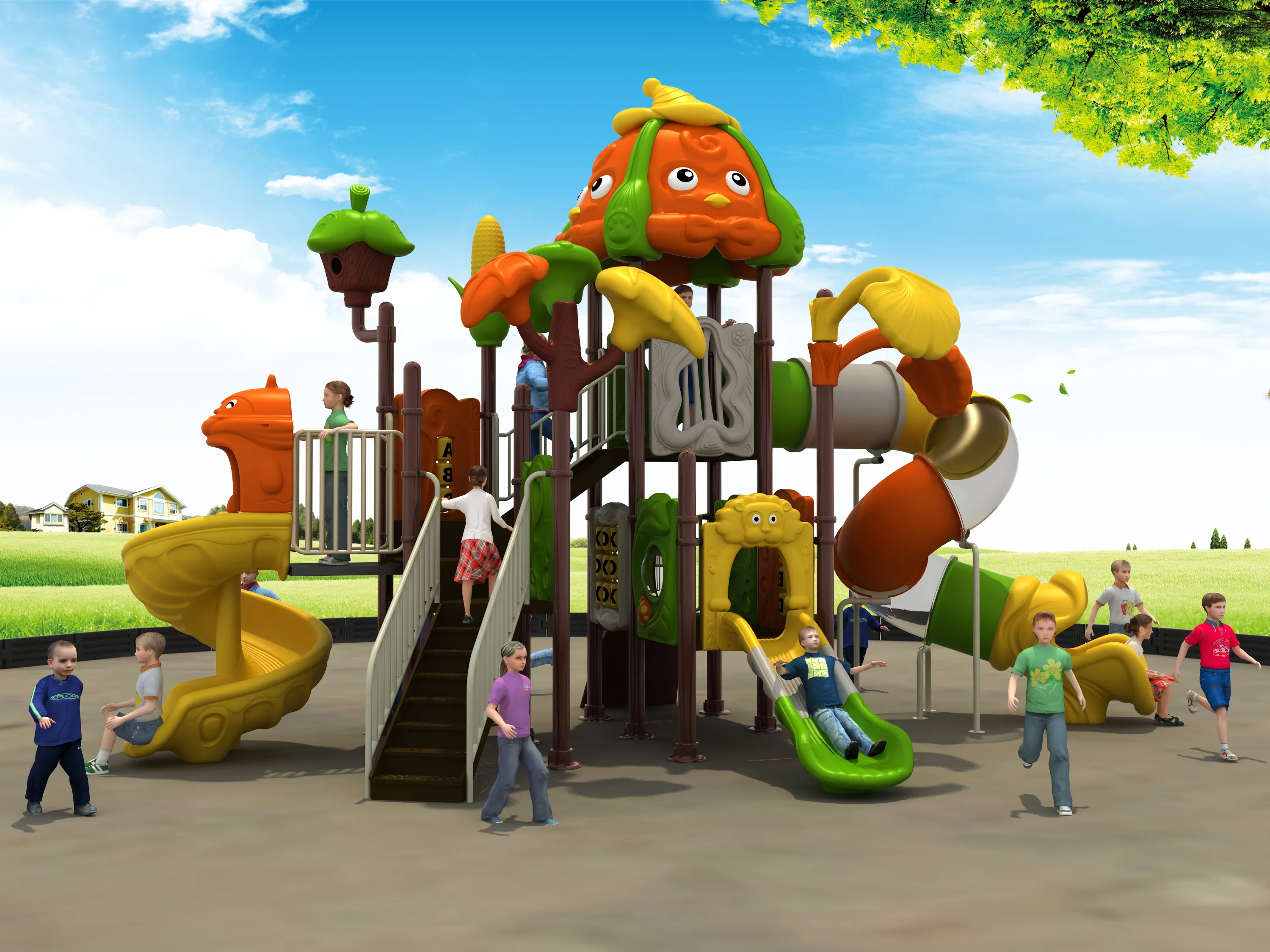 whimsical pumpkin theme outdoor playground durable multi, Rotomolded, Smooth Finish, Safe Plastic by HonPlay - installation and use case