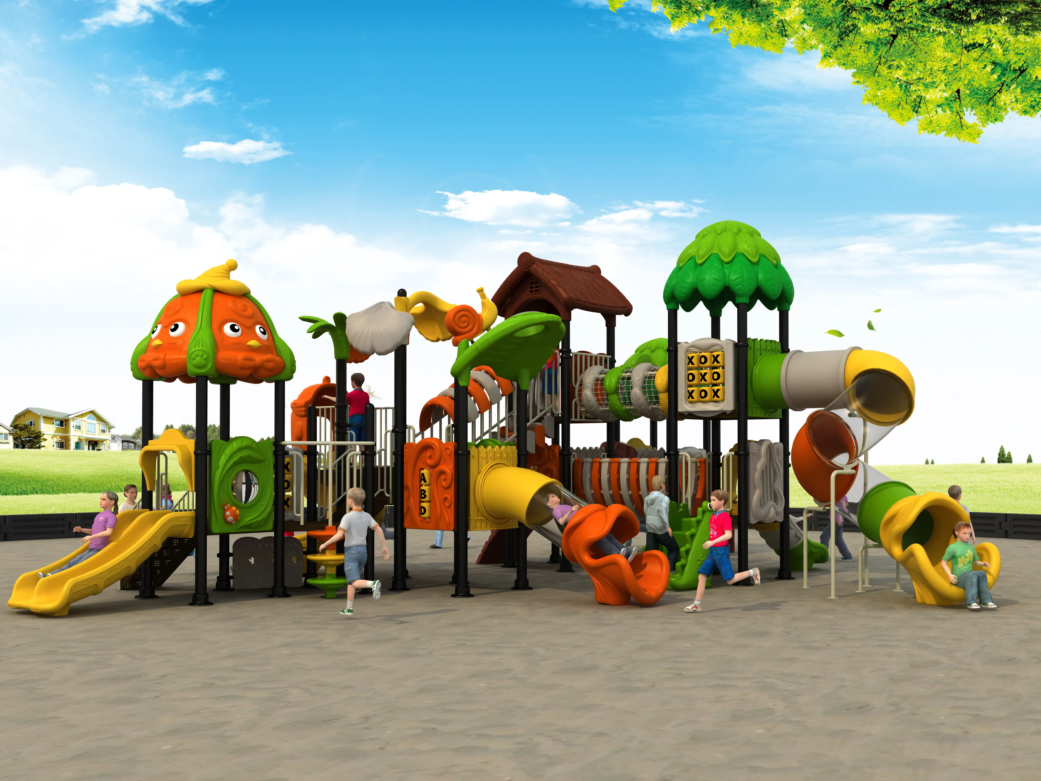 nature themed multi slide outdoor playground commercial, Rotomolded, Smooth Finish, Safe Plastic by HonPlay - installation and use case