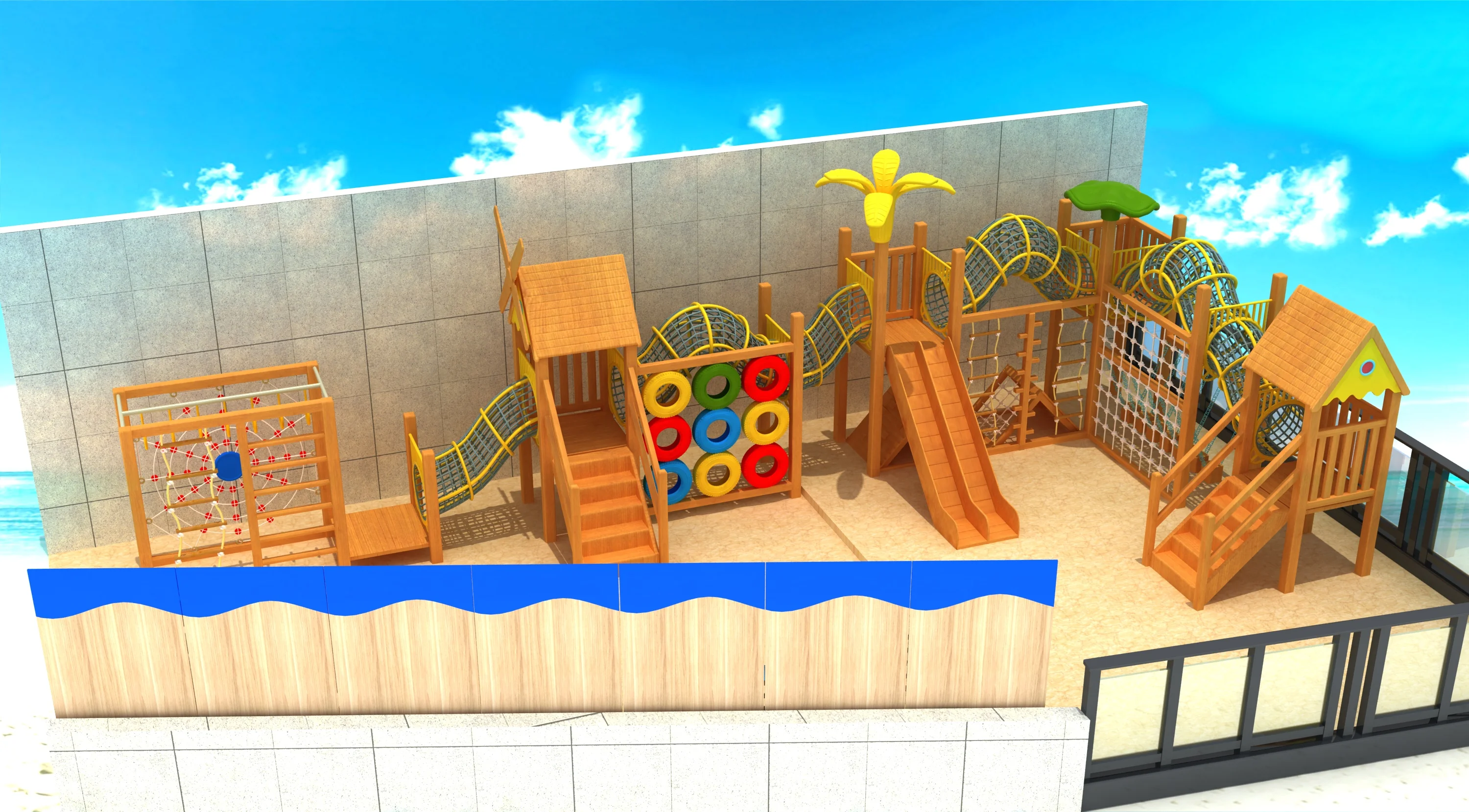 tropical wooden adventure playground eco friendly, Natural Wood, Sustainable, Biophilic Design by HonPlay - safety certification and compliance