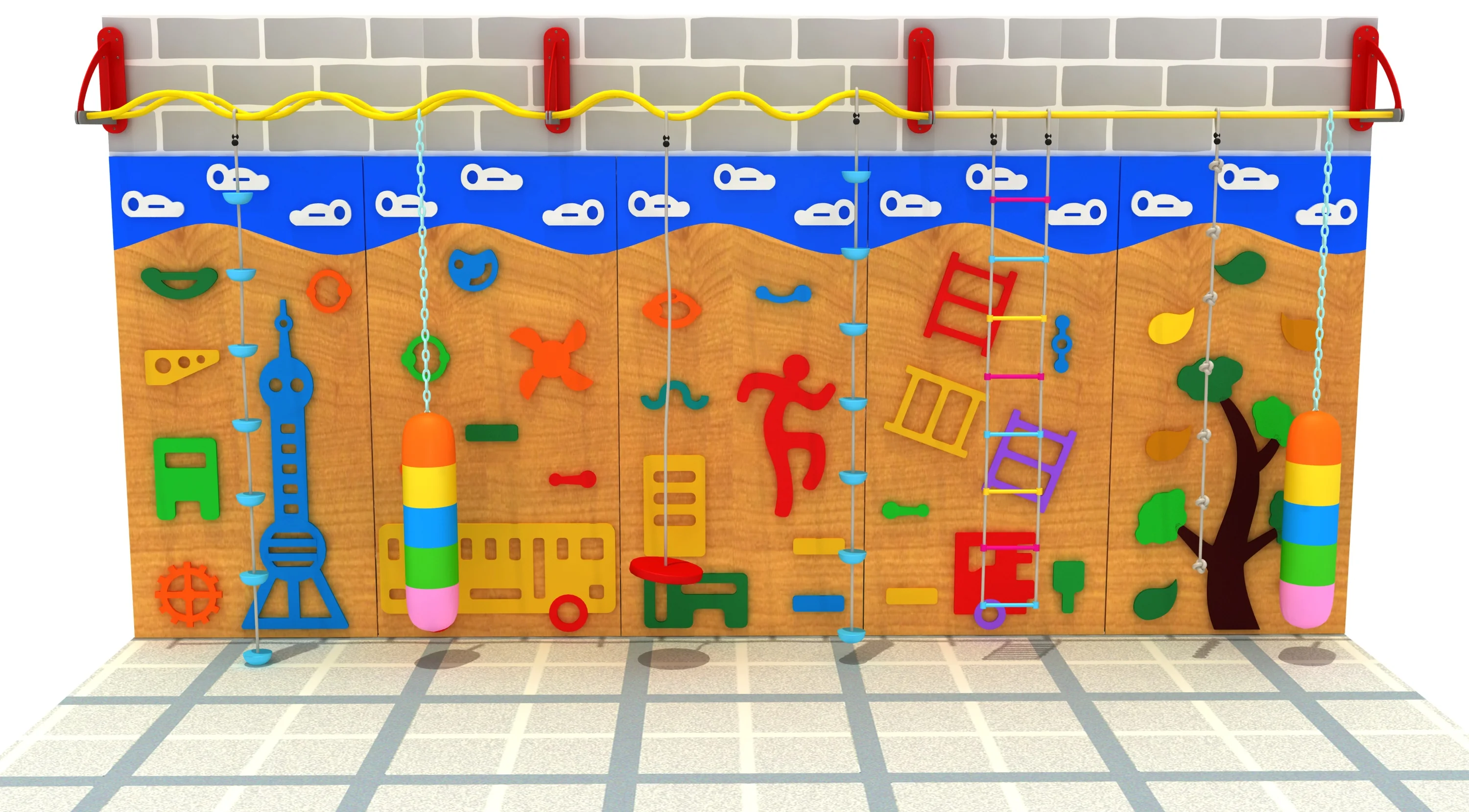 interactive indoor sensory climbing wall commercial, Natural Wood, Sustainable, Biophilic Design by HonPlay - full product view