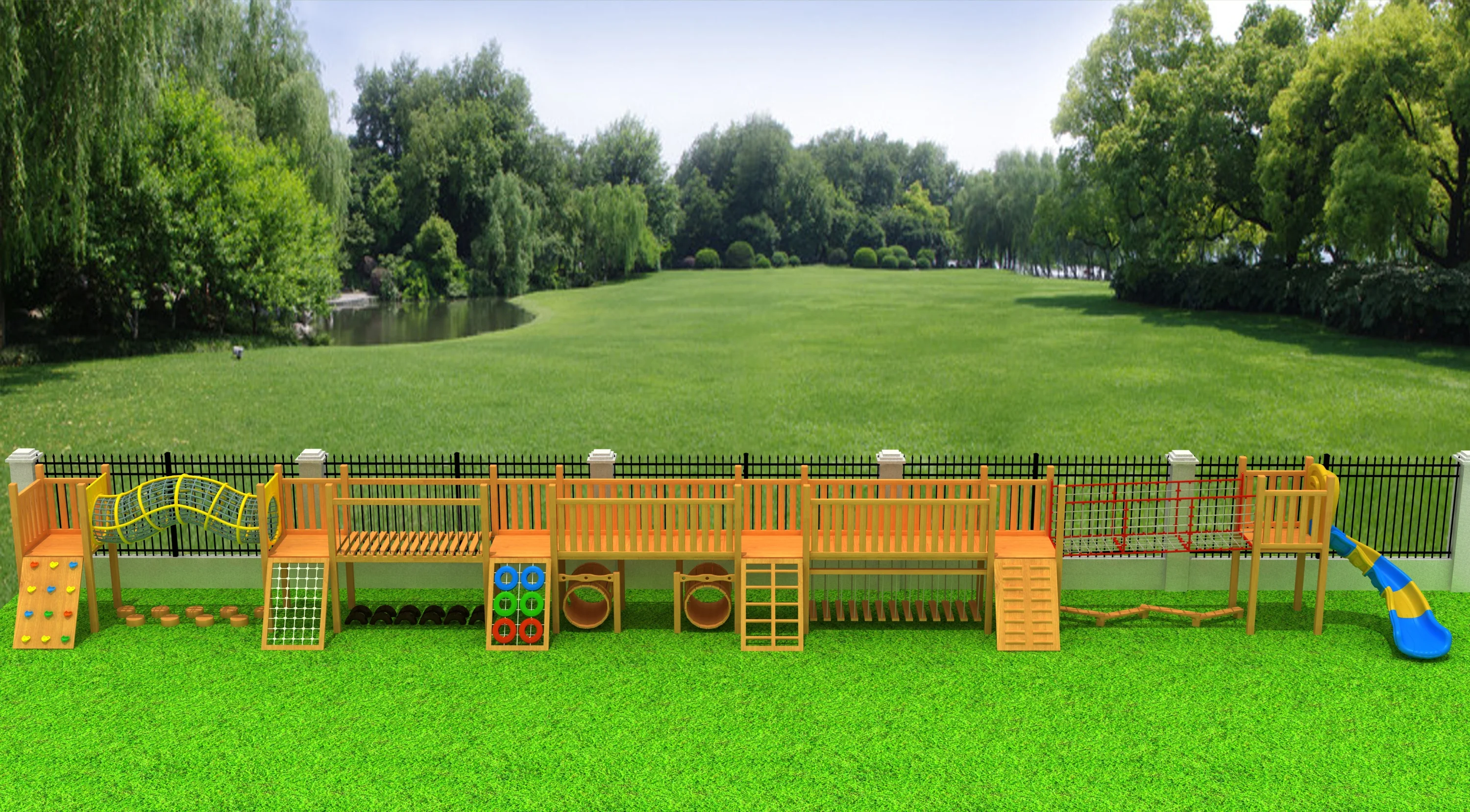 multi functional wooden adventure trail commercial, Natural Wood, Sustainable, Biophilic Design by HonPlay - full product view