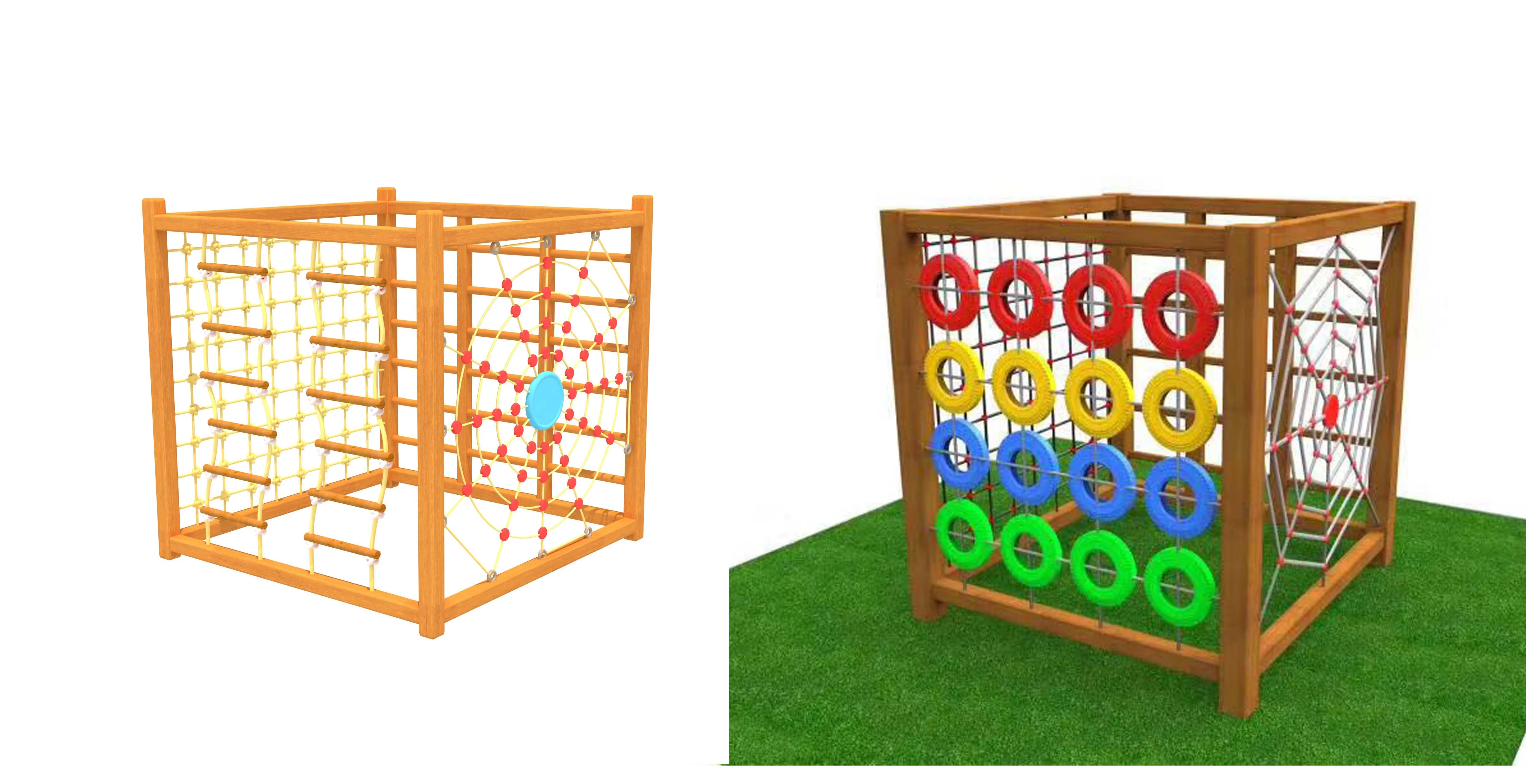 wooden cube climbing frame multi functional, Natural Wood, Sustainable, Biophilic Design by HonPlay - full product view