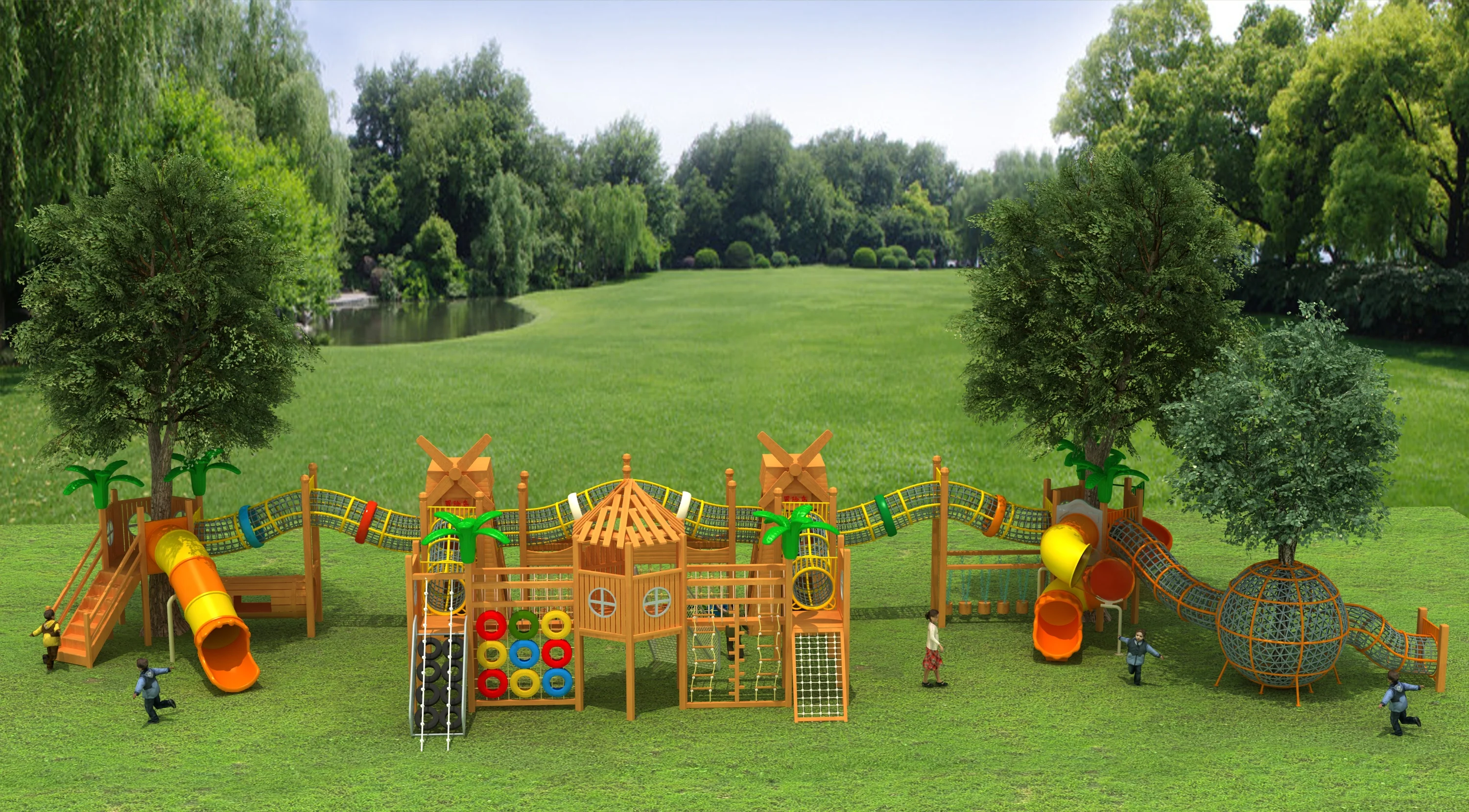 nature themed wooden adventure playground commercial, Natural Wood, Sustainable, Biophilic Design by HonPlay - full product view