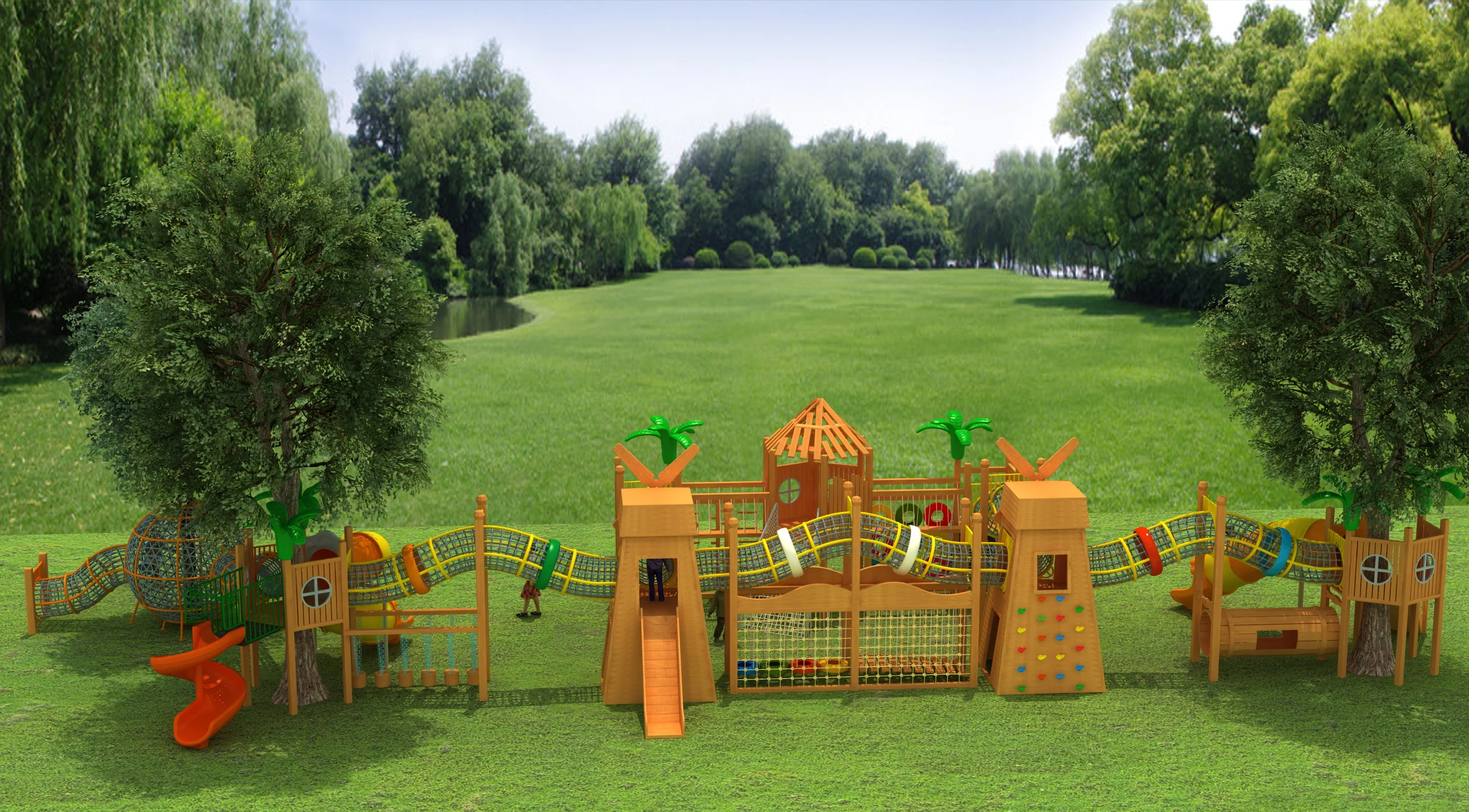 nature themed wooden adventure playground commercial, Natural Wood, Sustainable, Biophilic Design by HonPlay - material and finish details
