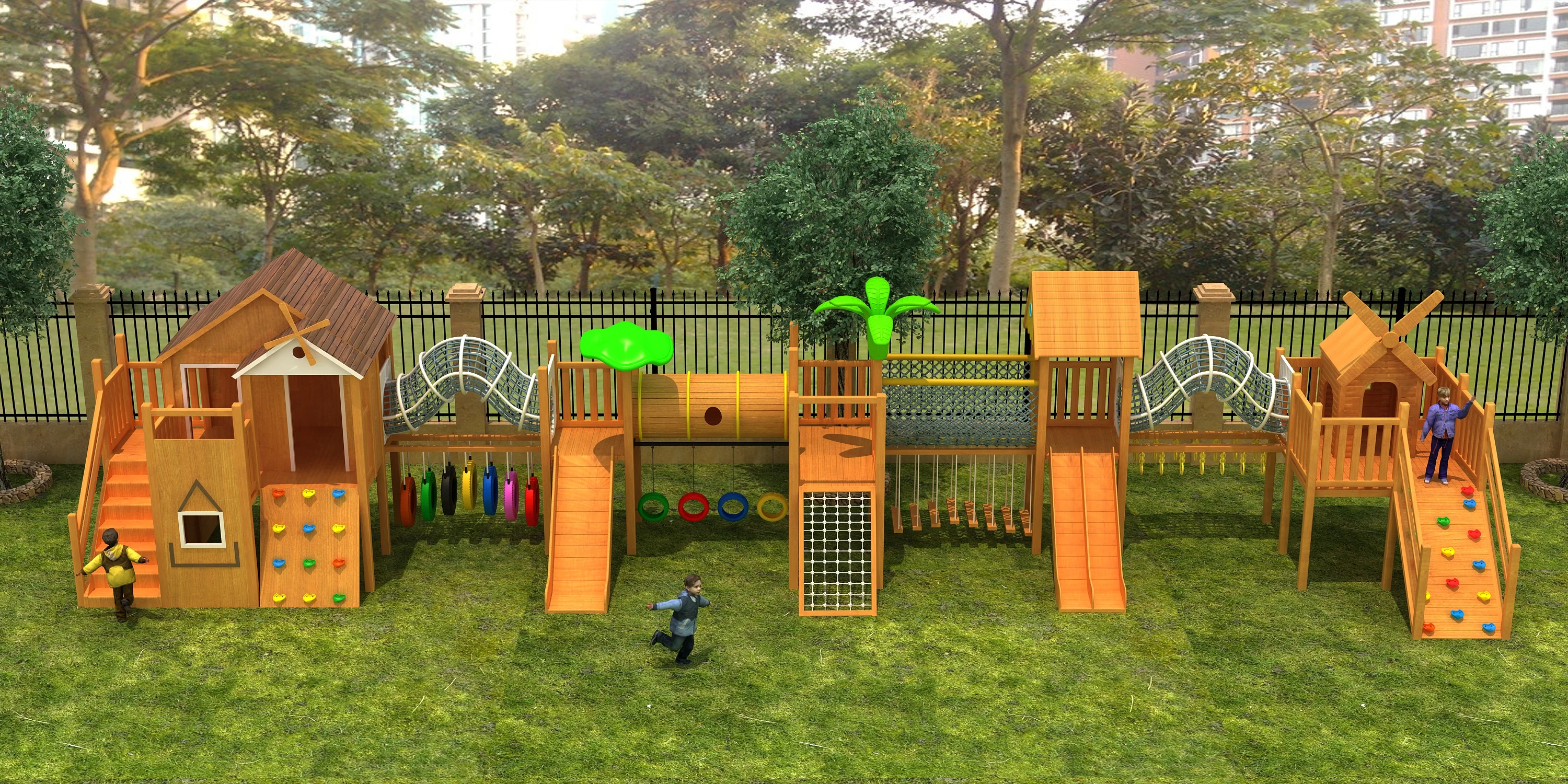 wooden adventure trail playground multi functional, Natural Wood, Sustainable, Biophilic Design by HonPlay - safety certification and compliance