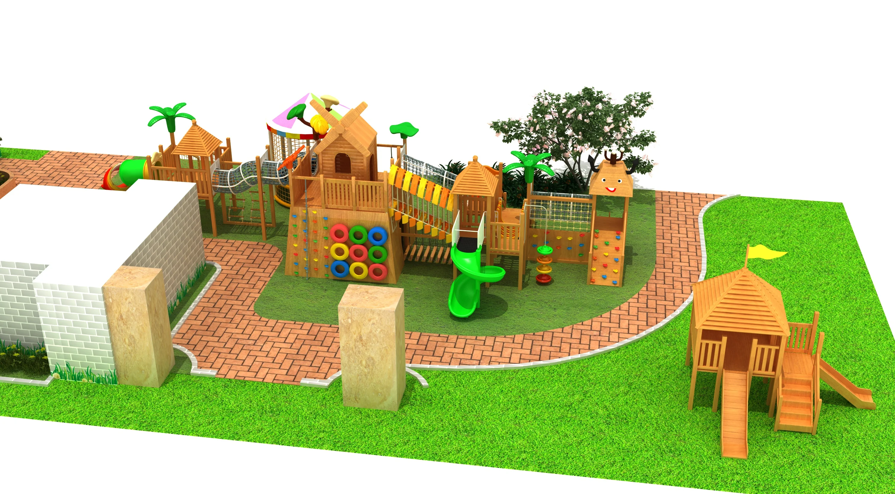 large wooden adventure playground trampoline slides, Natural Wood, Sustainable, Biophilic Design by HonPlay - material and finish details