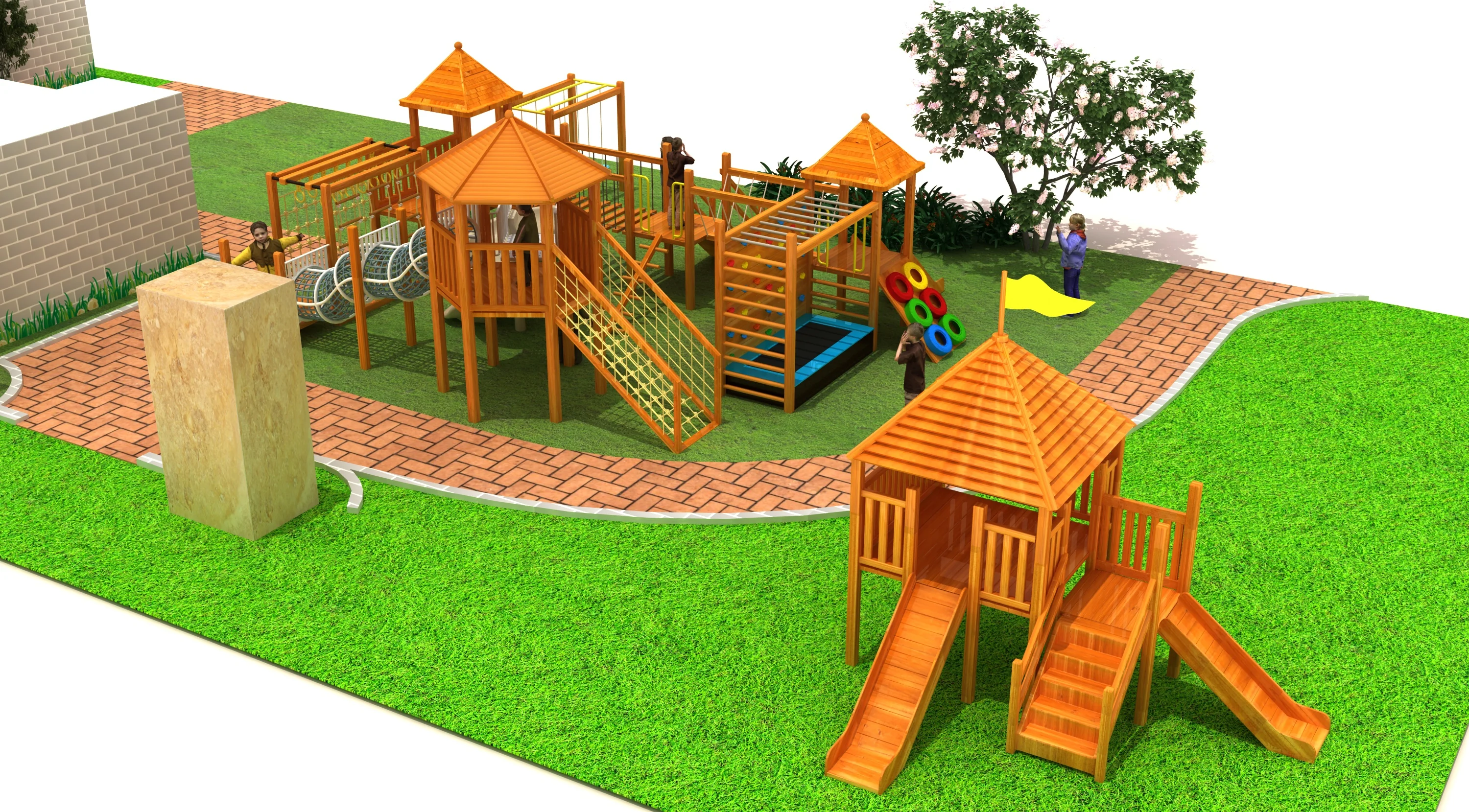 multi tower wooden adventure playground eco, Natural Wood, Sustainable, Biophilic Design by HonPlay - full product view