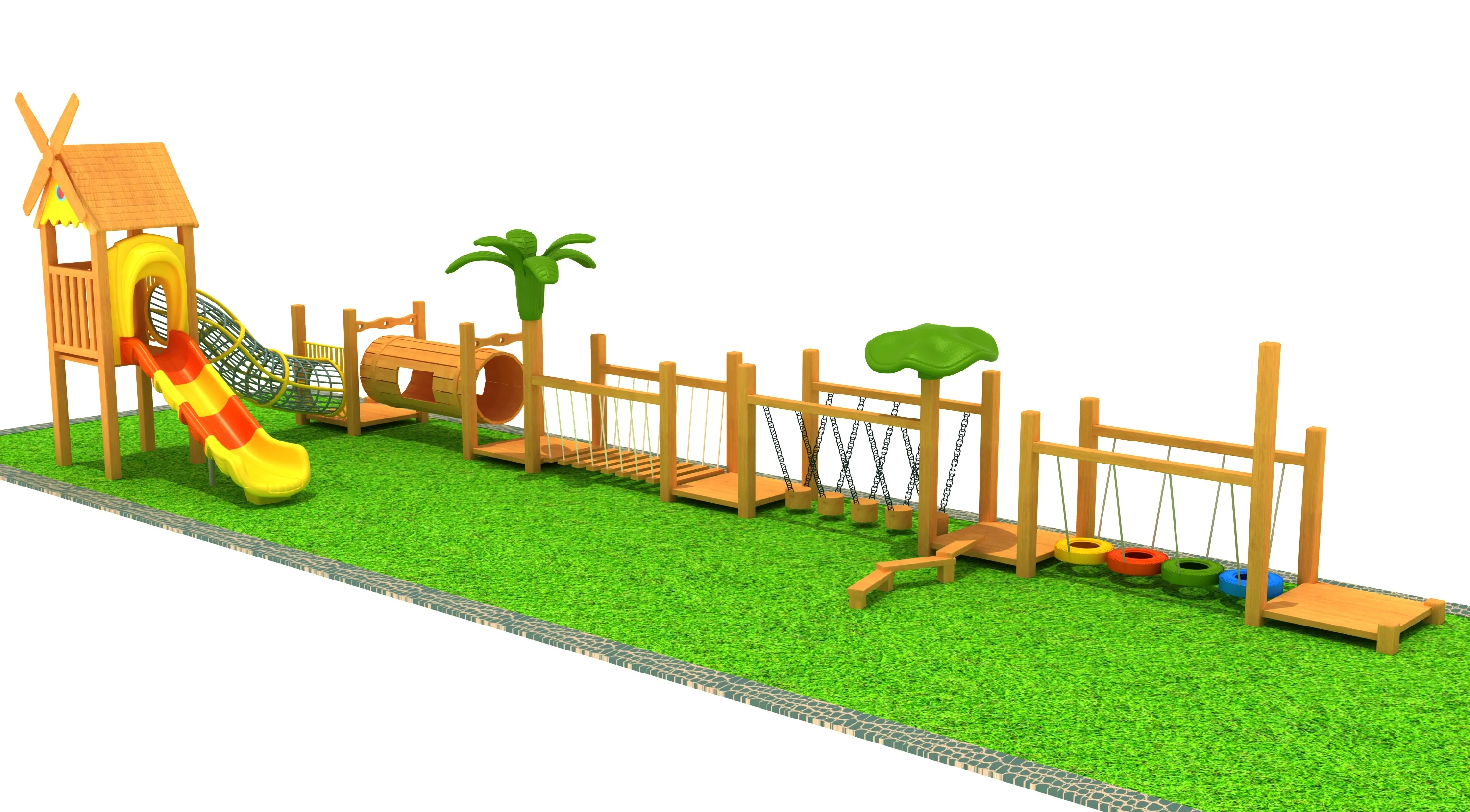 adventure wooden obstacle course outdoor physical, Natural Wood, Sustainable, Biophilic Design by HonPlay - full product view