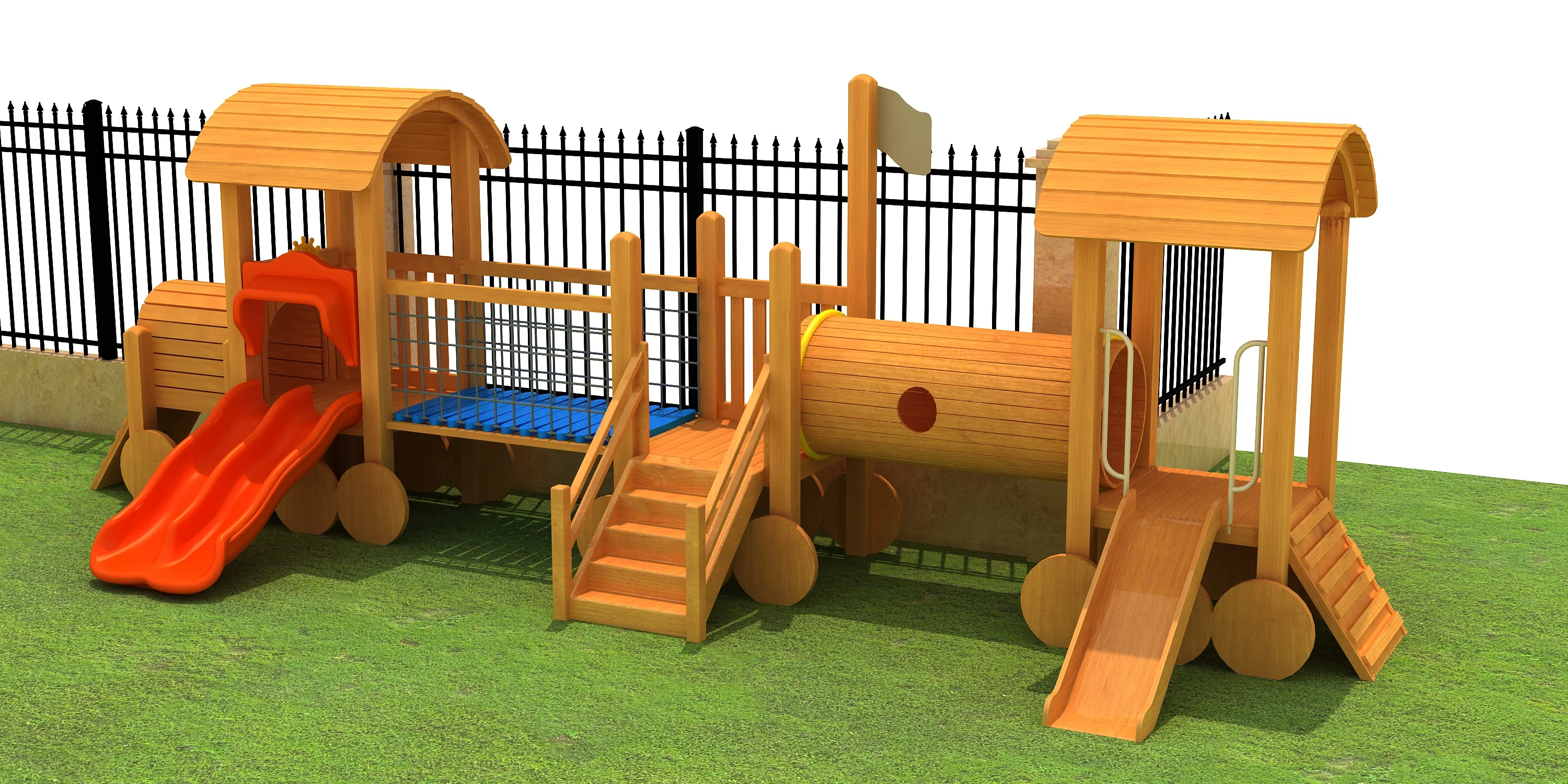 wooden adventure playground set outdoor physical, Natural Wood, Sustainable, Biophilic Design by HonPlay - safety certification and compliance