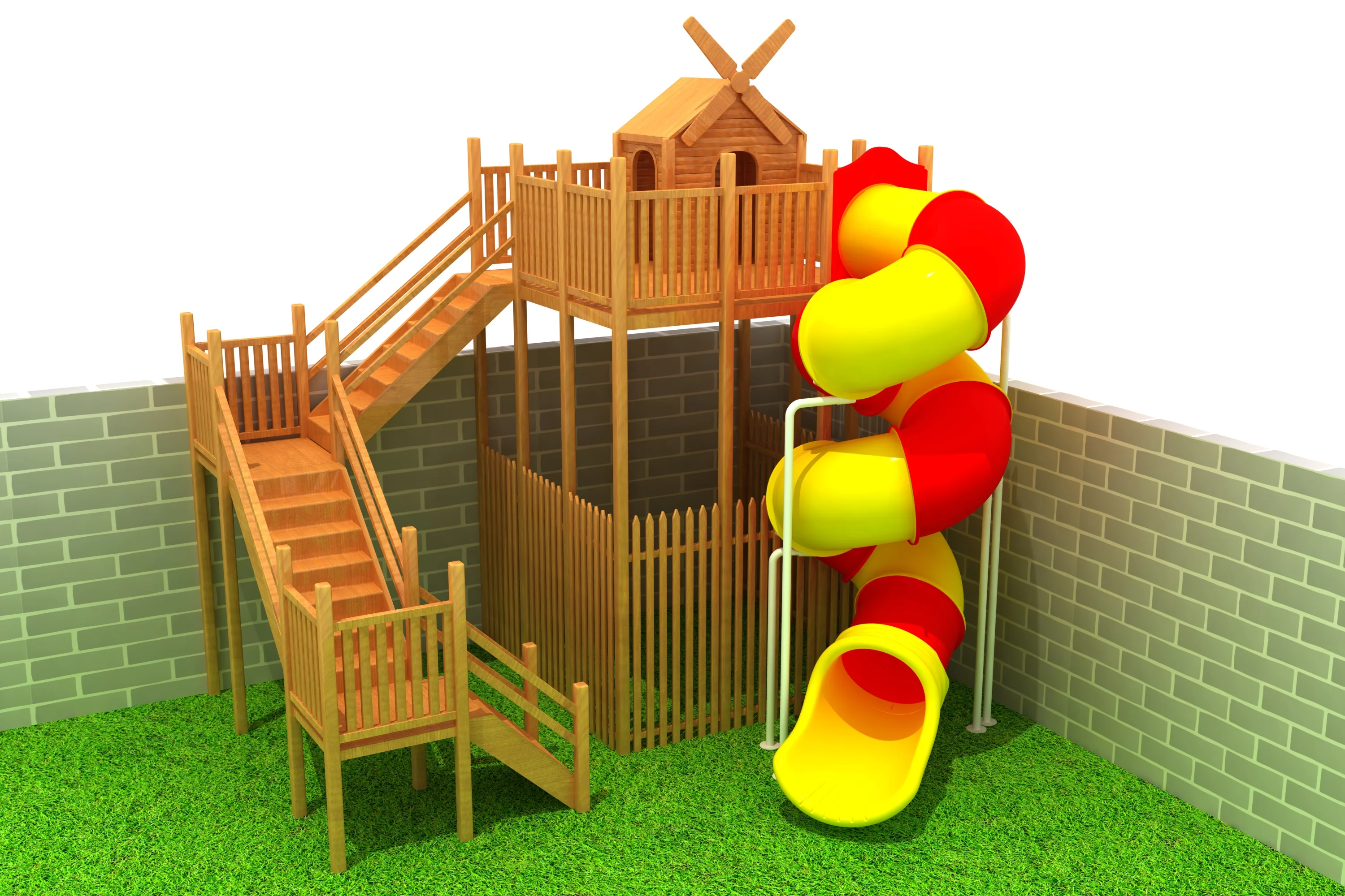 wooden multi level adventure tower spiral, Natural Wood, Sustainable, Biophilic Design by HonPlay - full product view