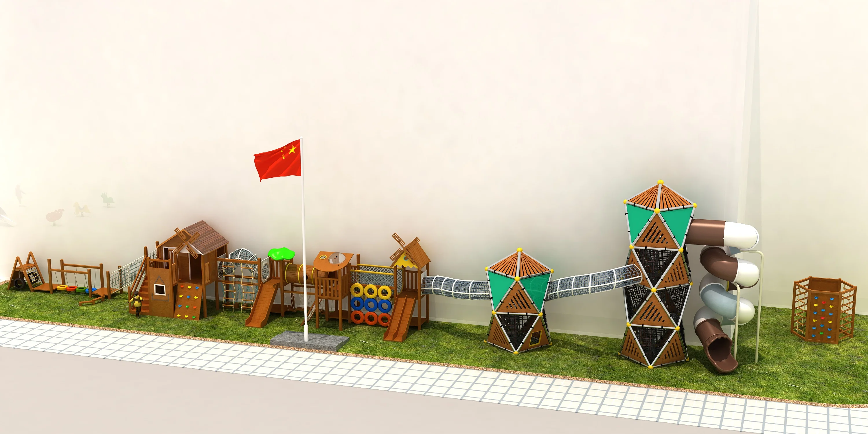 windmill adventure outdoor playground large multi functional, Natural Wood, Sustainable, Biophilic Design by HonPlay - full product view