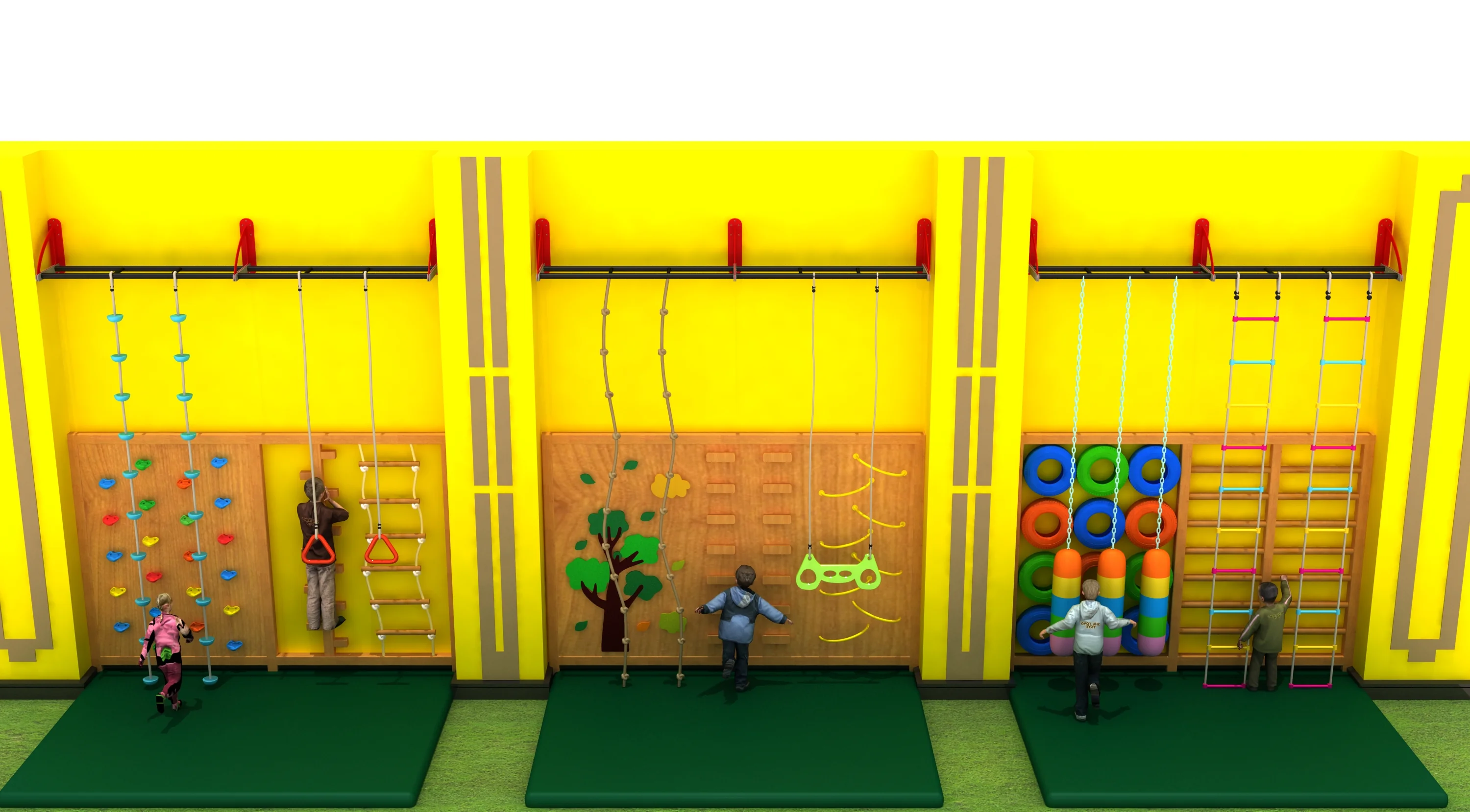 indoor wall mounted adventure climbing frame, Natural Wood, Sustainable, Biophilic Design by HonPlay - installation and use case