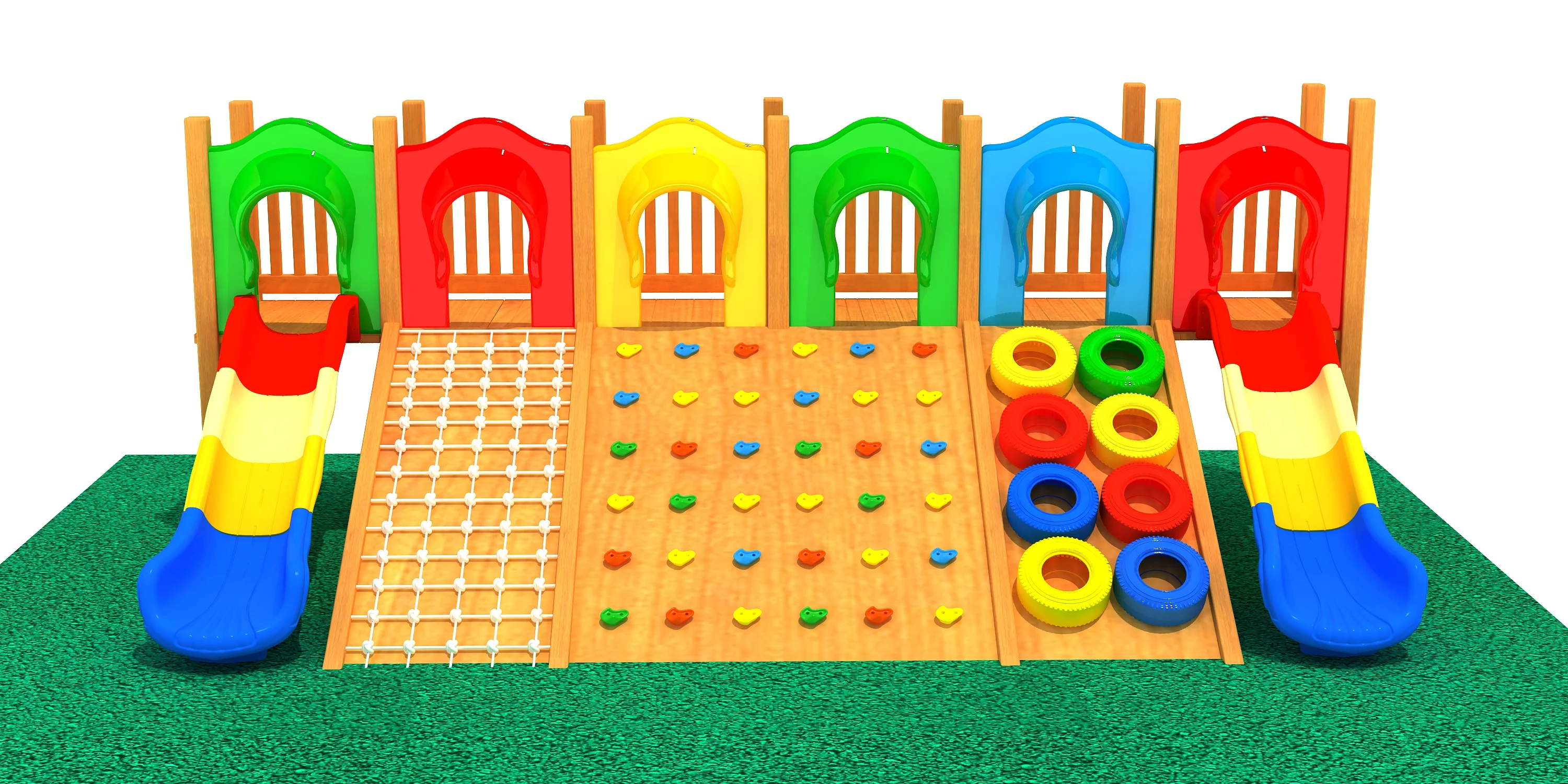 multi activity outdoor playground structure commercial grade, Natural Wood, Sustainable, Biophilic Design by HonPlay - full product view