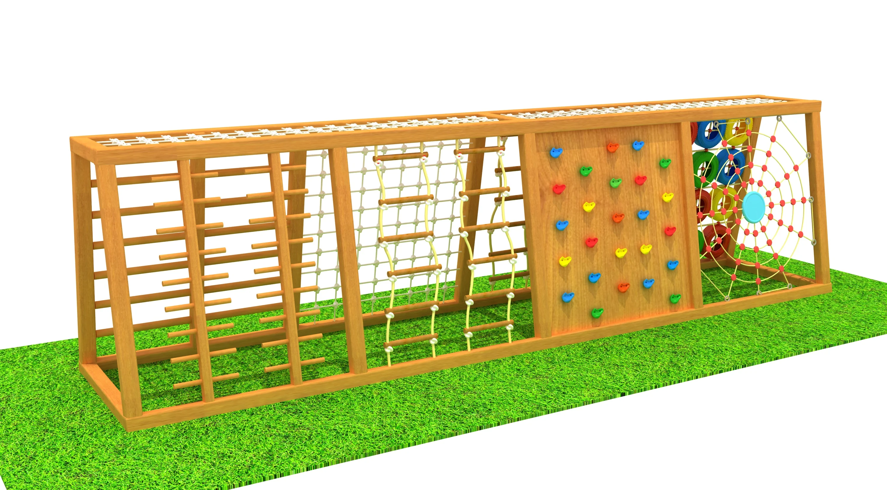 wooden adventure climbing wall tire challenge, Natural Wood, Sustainable, Biophilic Design by HonPlay - material and finish details