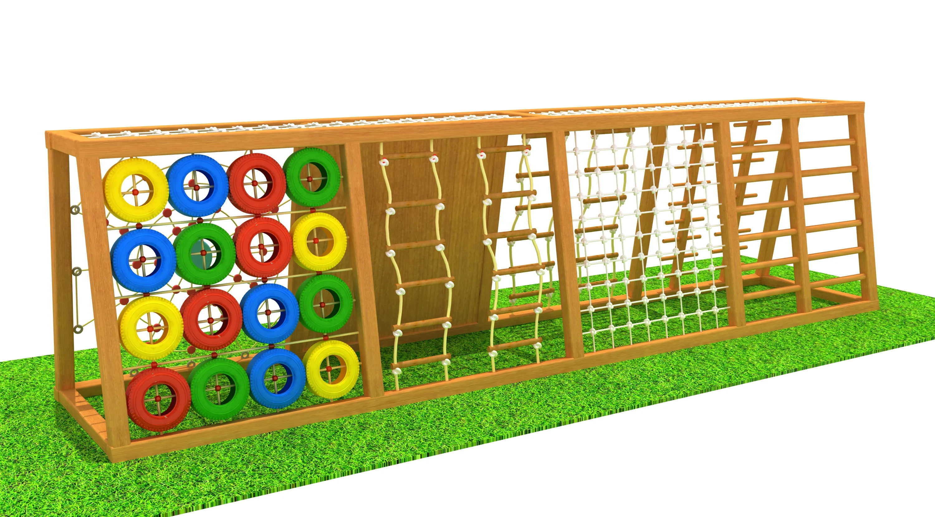 wooden adventure climbing wall tire challenge, Natural Wood, Sustainable, Biophilic Design by HonPlay - full product view