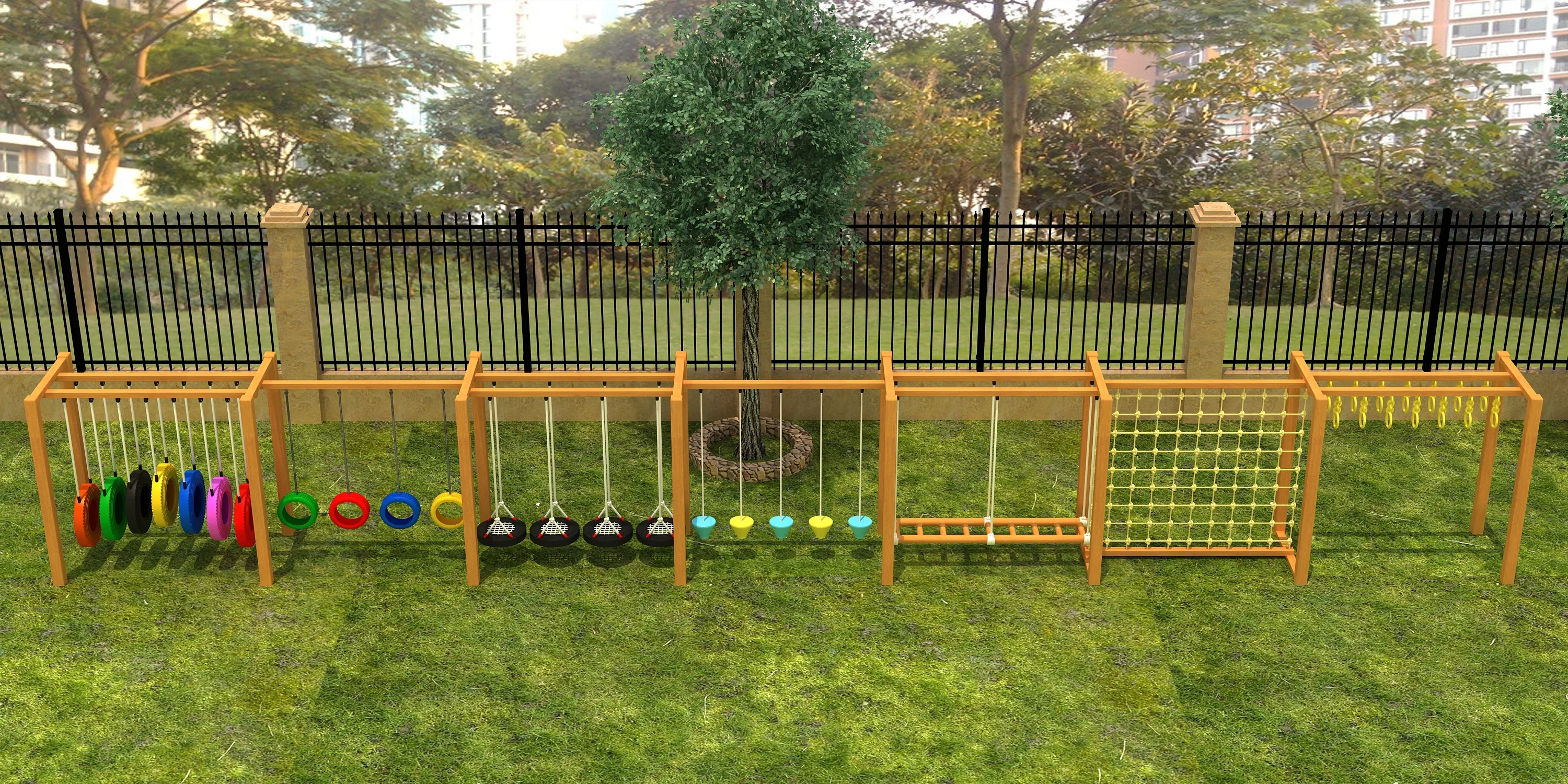 wooden outdoor obstacle course adventure playground equipmen, Natural Wood, Sustainable, Biophilic Design by HonPlay - full product view