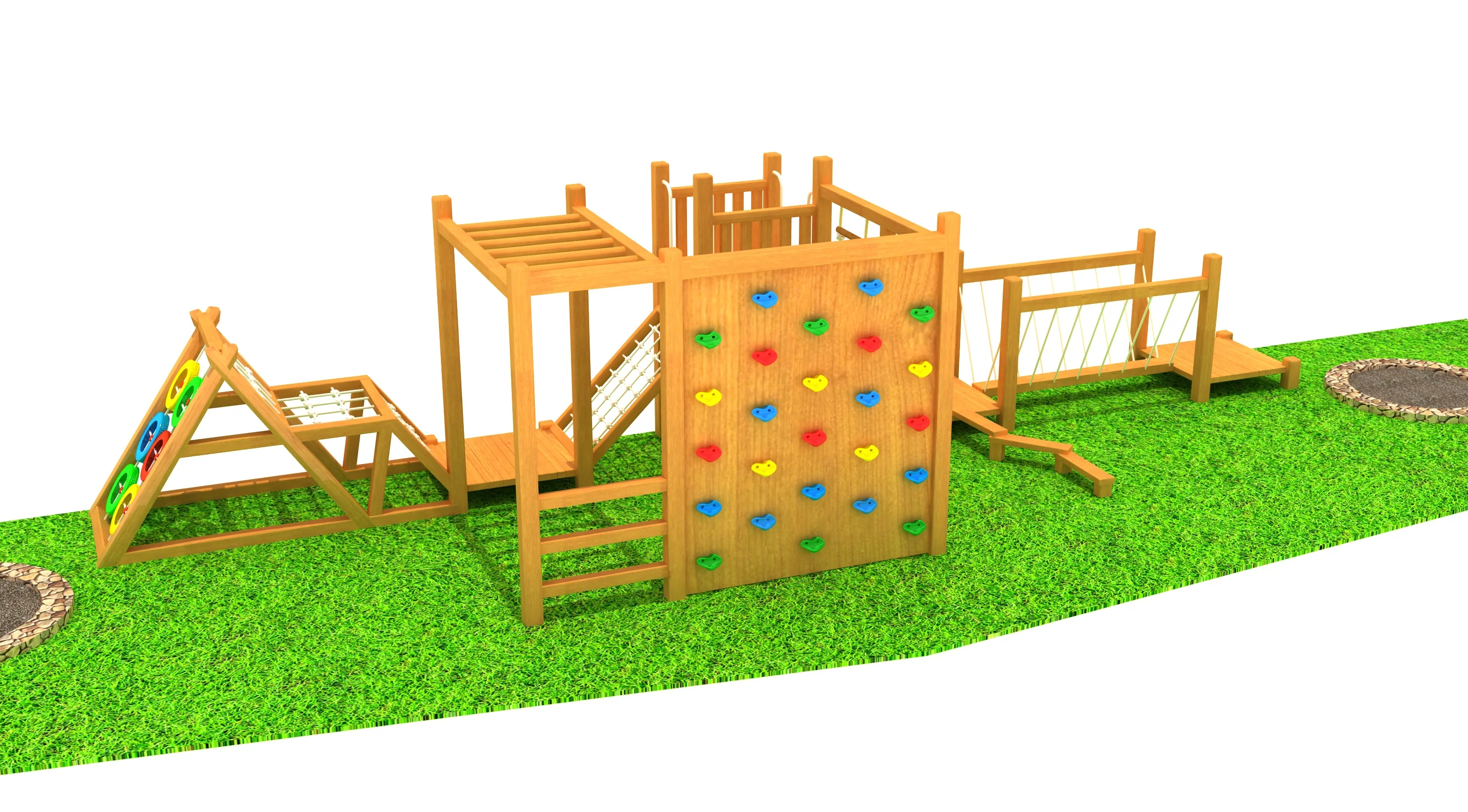 wooden adventure playground set outdoor physical, Natural Wood, Sustainable, Biophilic Design by HonPlay - material and finish details