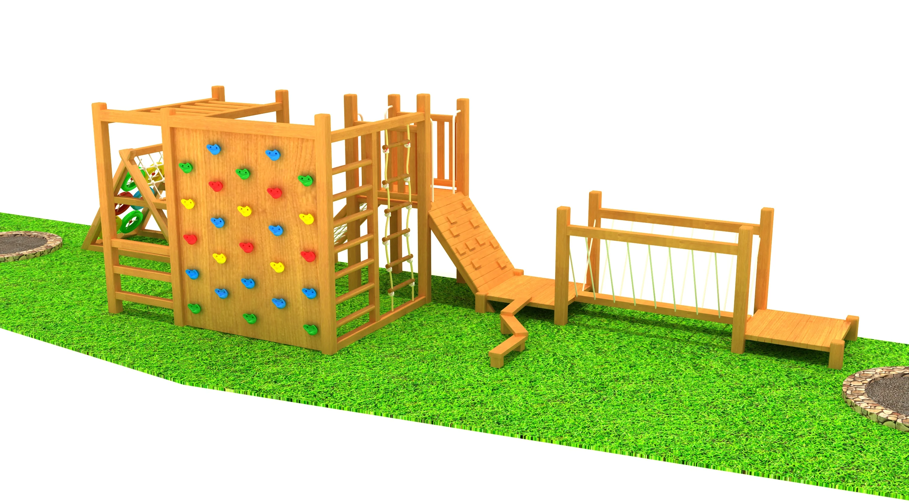 wooden adventure playground set outdoor physical, Natural Wood, Sustainable, Biophilic Design by HonPlay - full product view