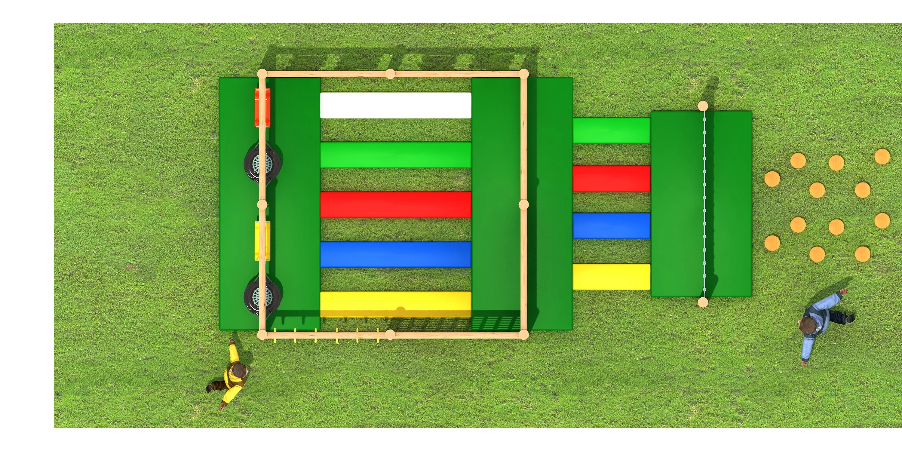 wooden adventure obstacle course outdoor physical, Natural Wood, Sustainable, Biophilic Design by HonPlay - safety certification and compliance