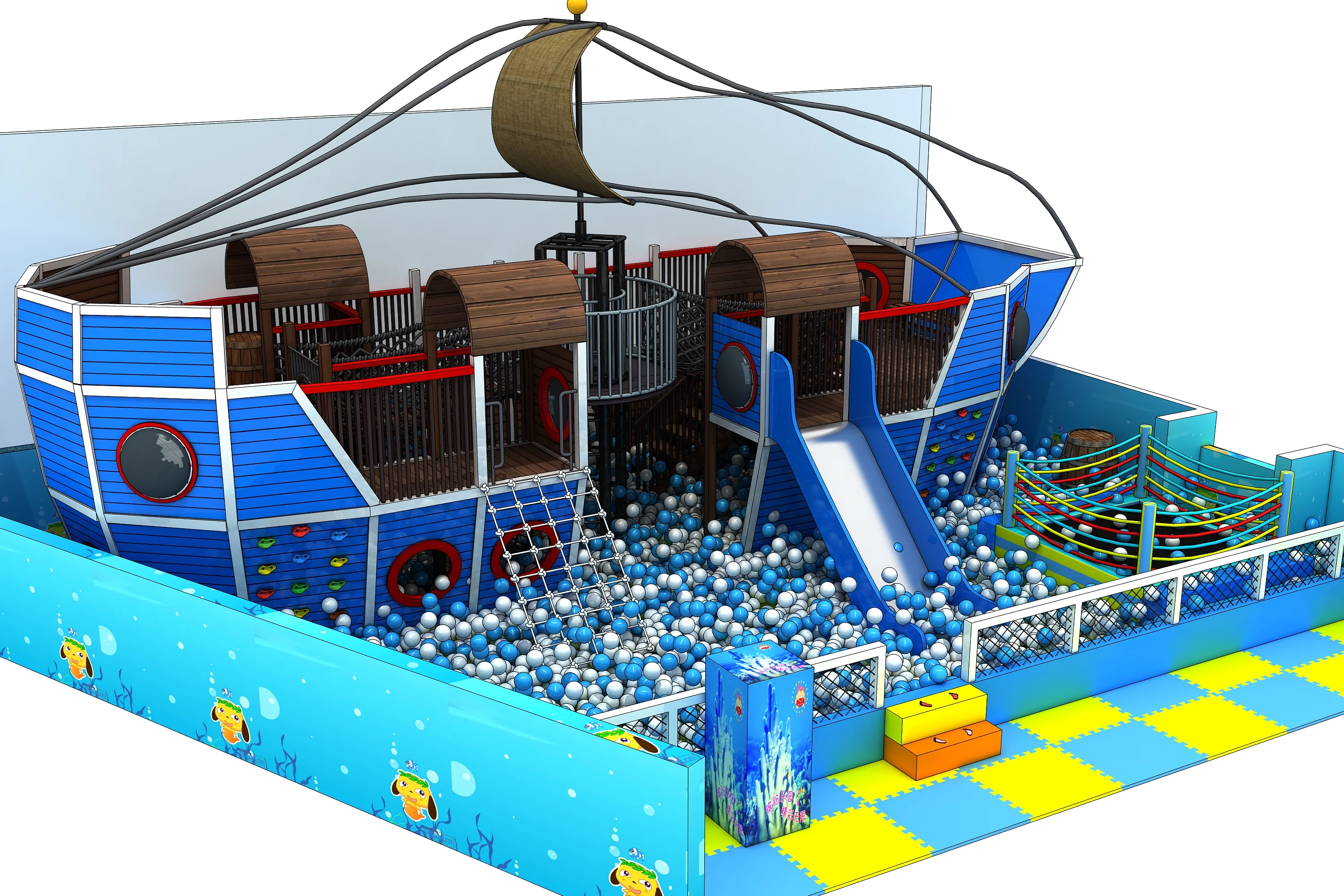 pirate ship indoor playground soft play, Natural Wood, Sustainable, Biophilic Design by HonPlay - full product view