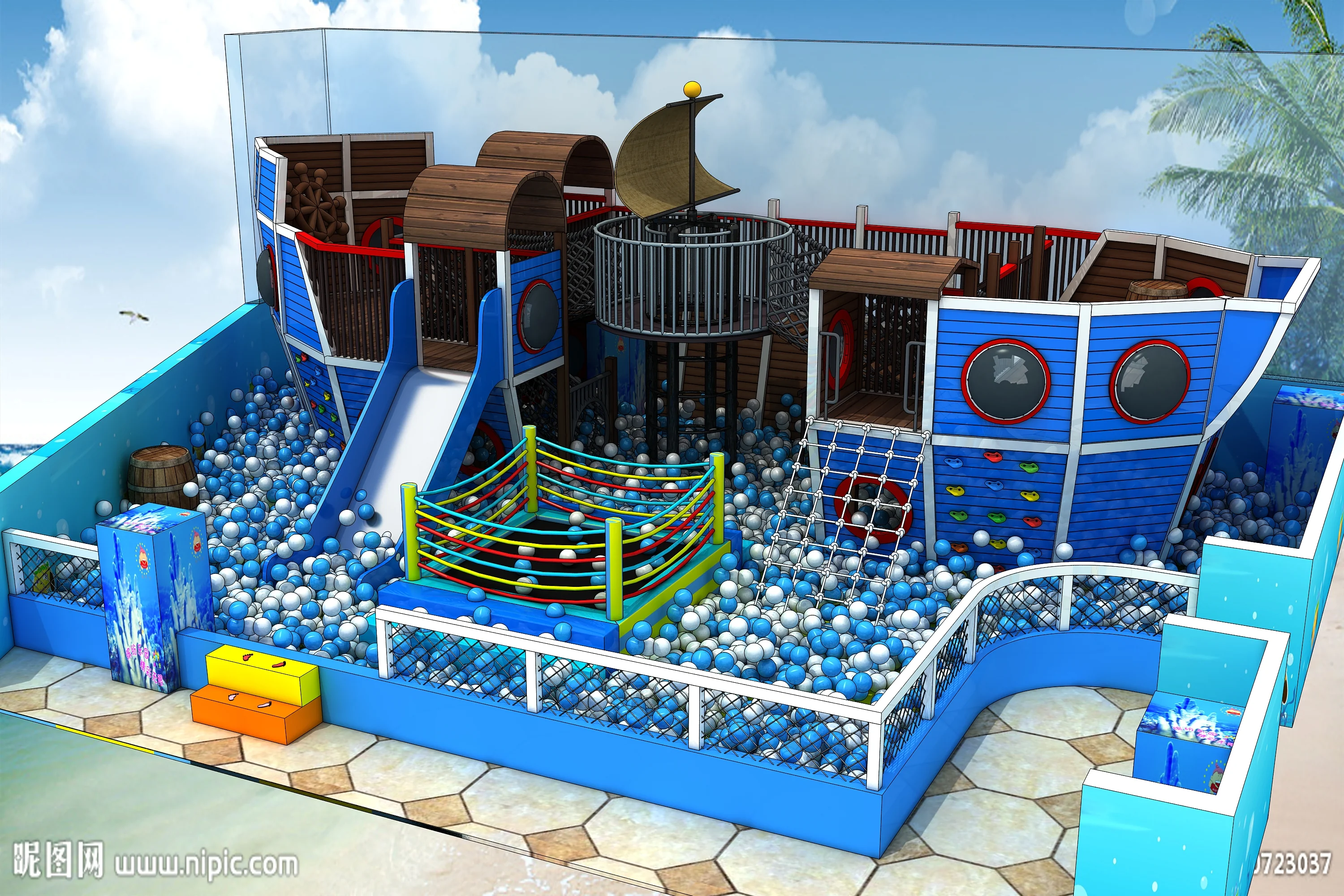 pirate ship theme indoor playground commercial, Natural Wood, Sustainable, Biophilic Design by HonPlay - installation and use case