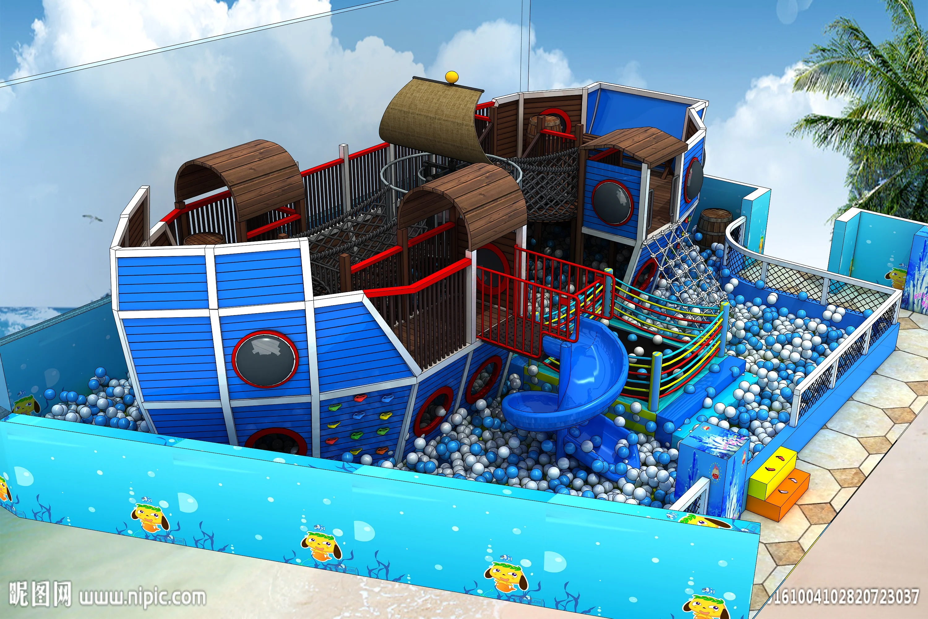 pirate ship theme indoor playground commercial, Natural Wood, Sustainable, Biophilic Design by HonPlay - safety certification and compliance