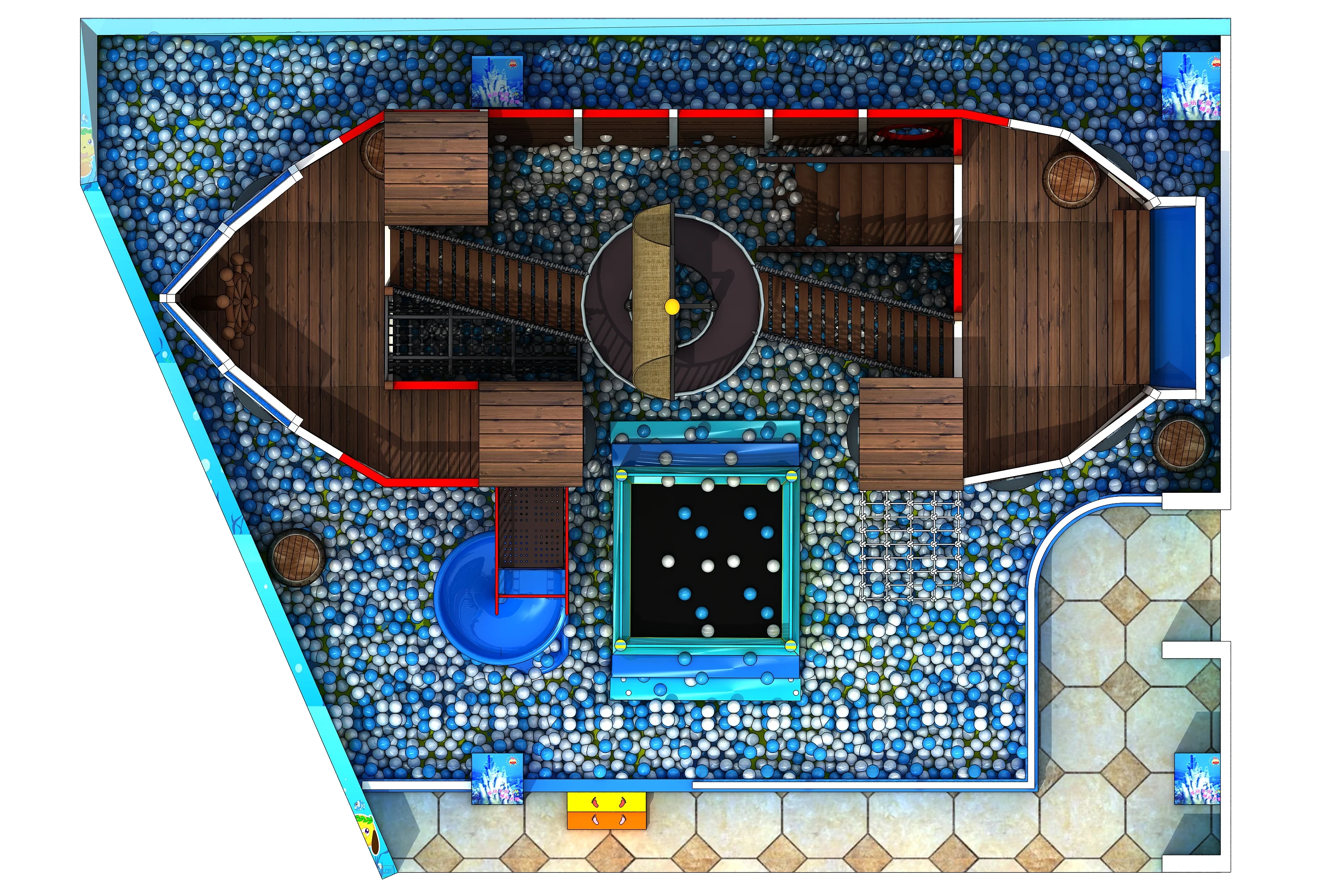 pirate ship theme indoor playground commercial, Natural Wood, Sustainable, Biophilic Design by HonPlay - material and finish details