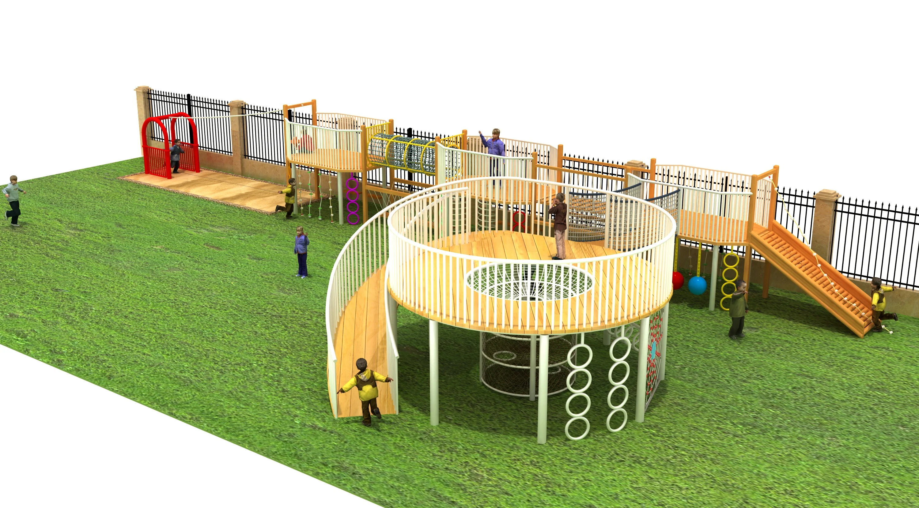 multi level wooden adventure playground outdoor, Natural Wood, Sustainable, Biophilic Design by HonPlay - full product view