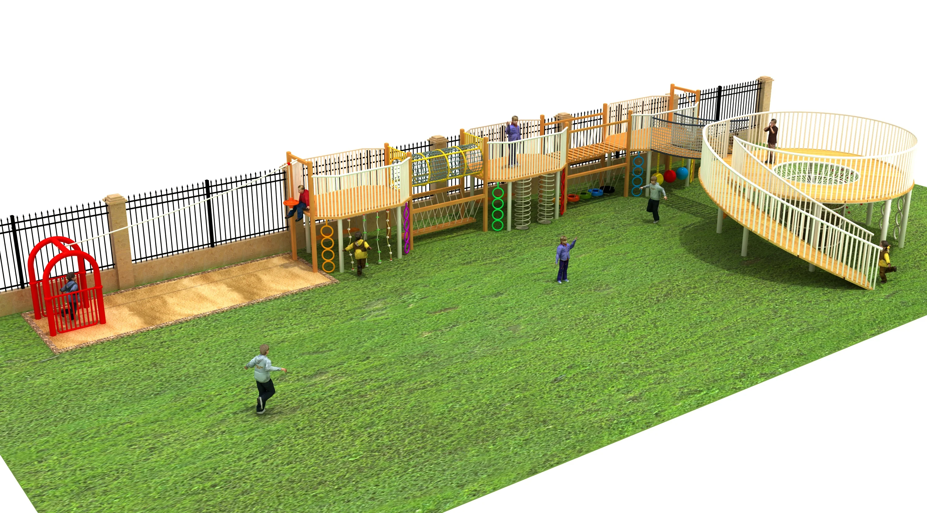 multi level wooden adventure playground outdoor, Natural Wood, Sustainable, Biophilic Design by HonPlay - safety certification and compliance
