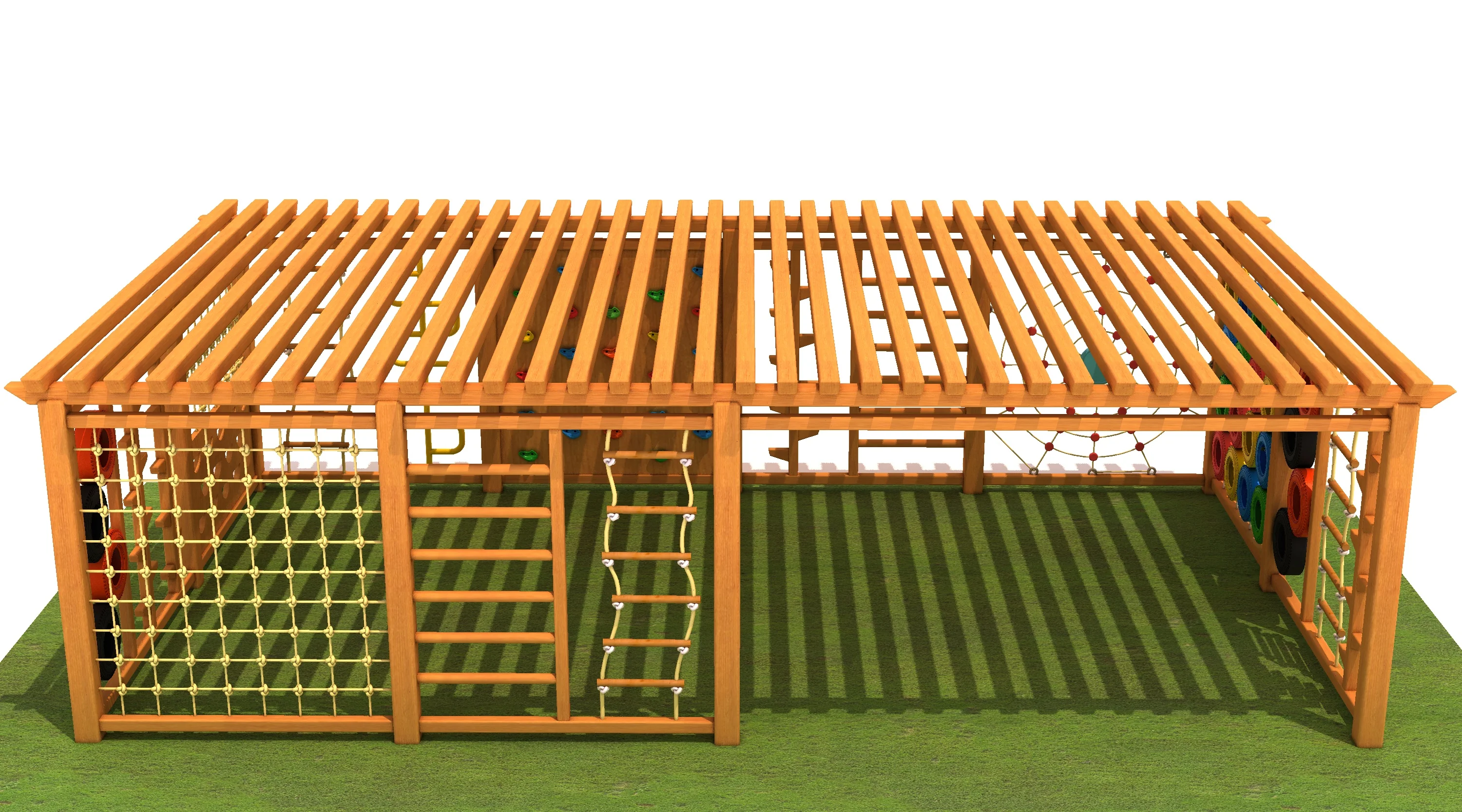 wooden outdoor climbing pergola multi functional, Natural Wood, Sustainable, Biophilic Design by HonPlay - full product view