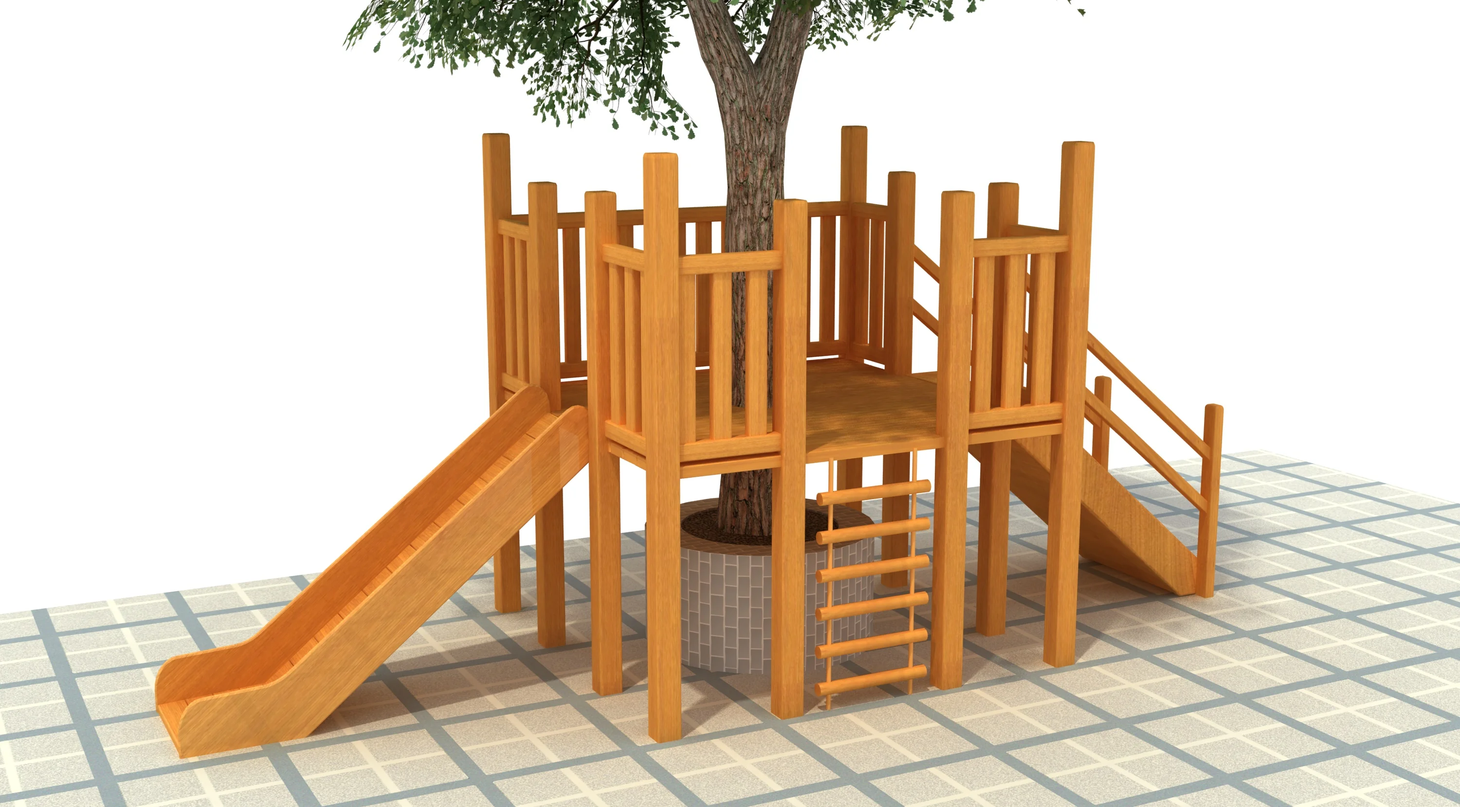 wooden treehouse playground dual slides eco, Natural Wood, Sustainable, Biophilic Design by HonPlay - full product view