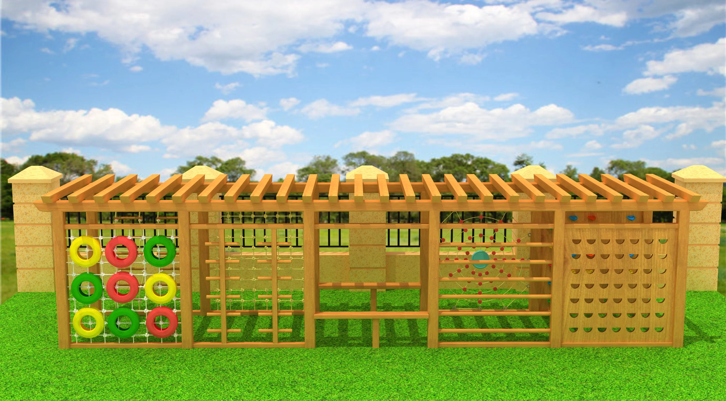 multi functional outdoor wooden climbing wall, Natural Wood, Sustainable, Biophilic Design by HonPlay - material and finish details