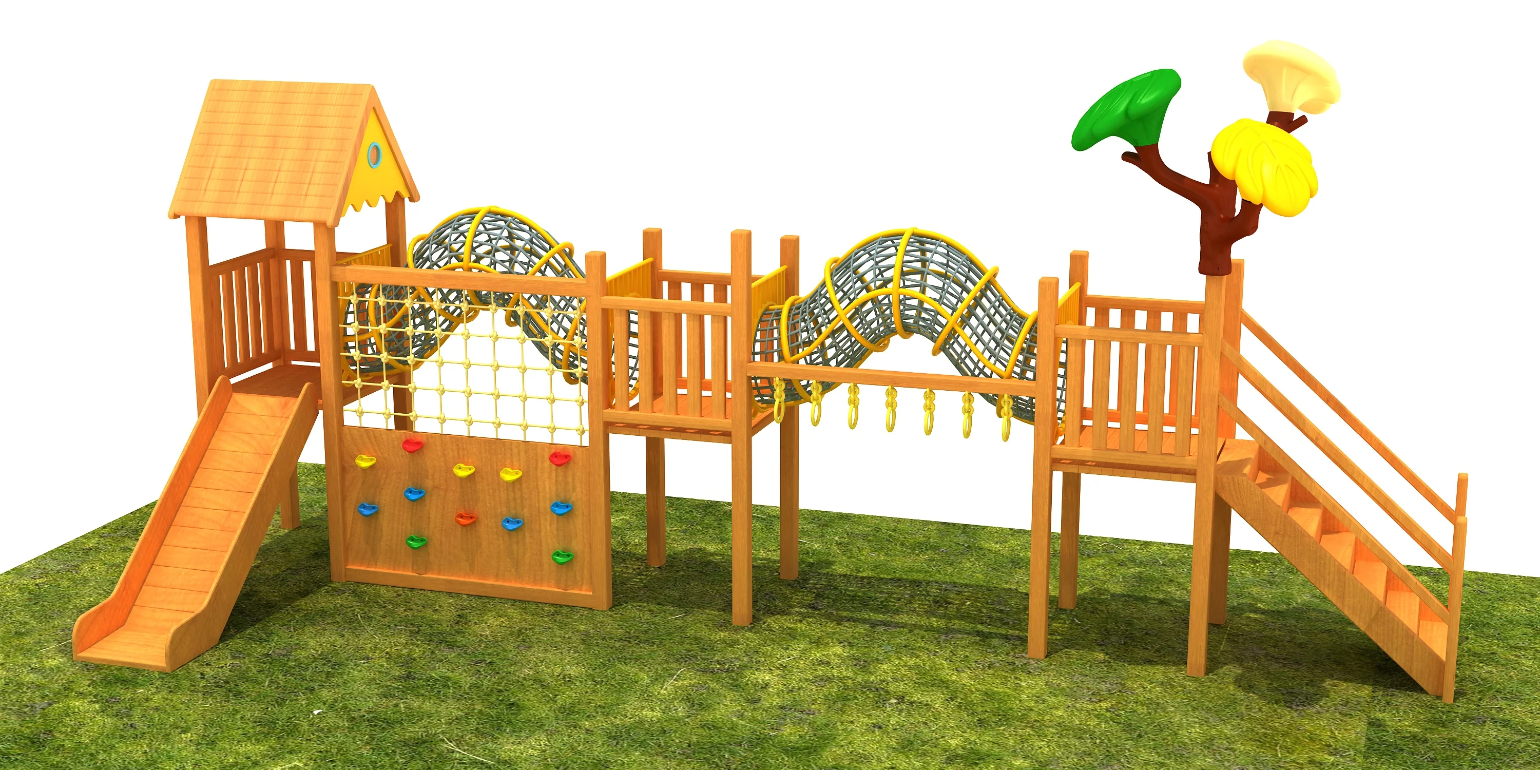 wooden adventure playground rope tunnel eco, Natural Wood, Sustainable, Biophilic Design by HonPlay - full product view